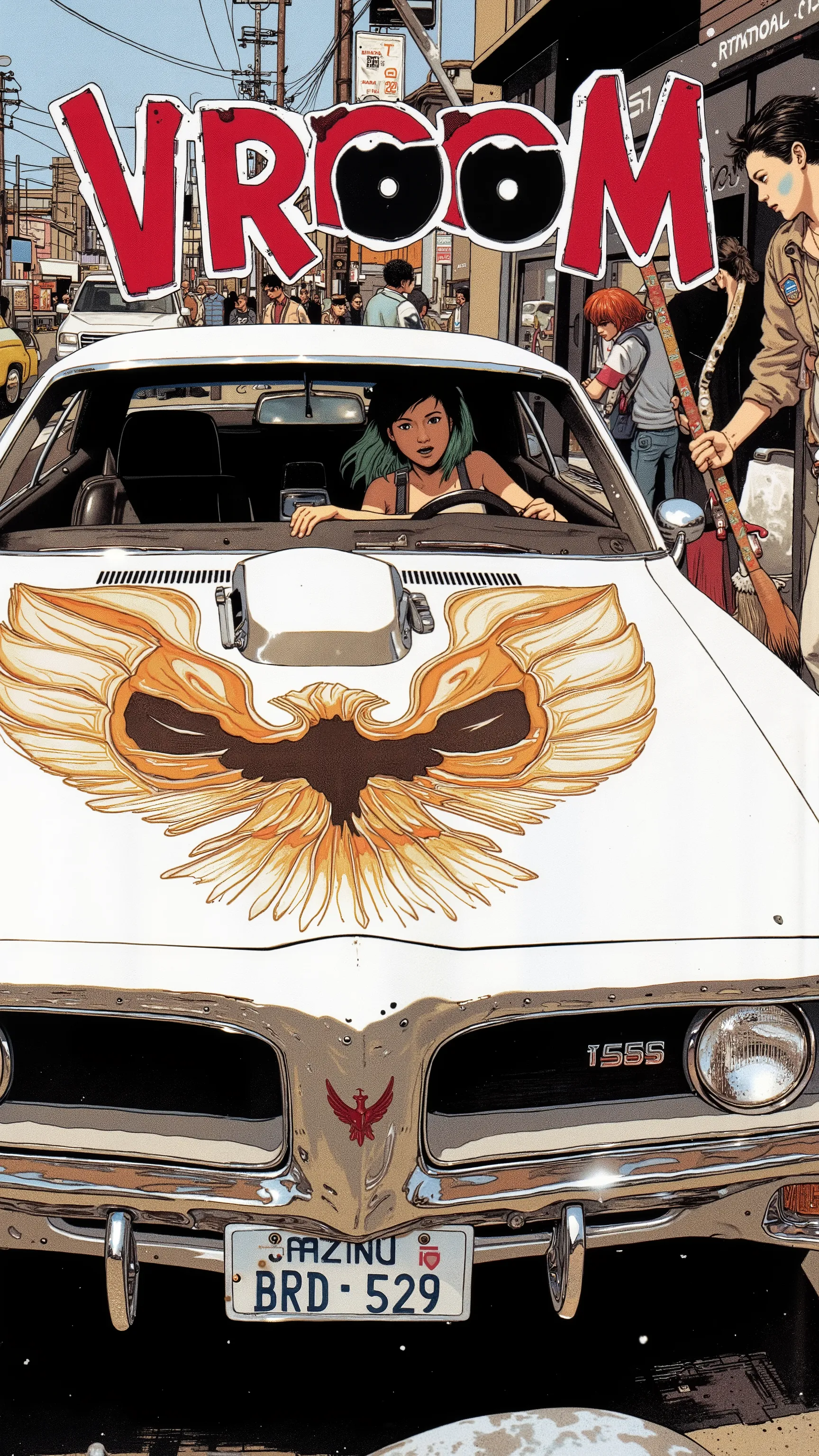 Sleek Design, Equipment, Reminiscent of Pontiac Firebird Trans Am, of fog lights. car, sense of speed on that front grille, fog lights depicts, Strong presence. Manga-specific, Vintage Pontiac Firebird Trans Am、 expresses the thrill and anxiety, chrome dec...