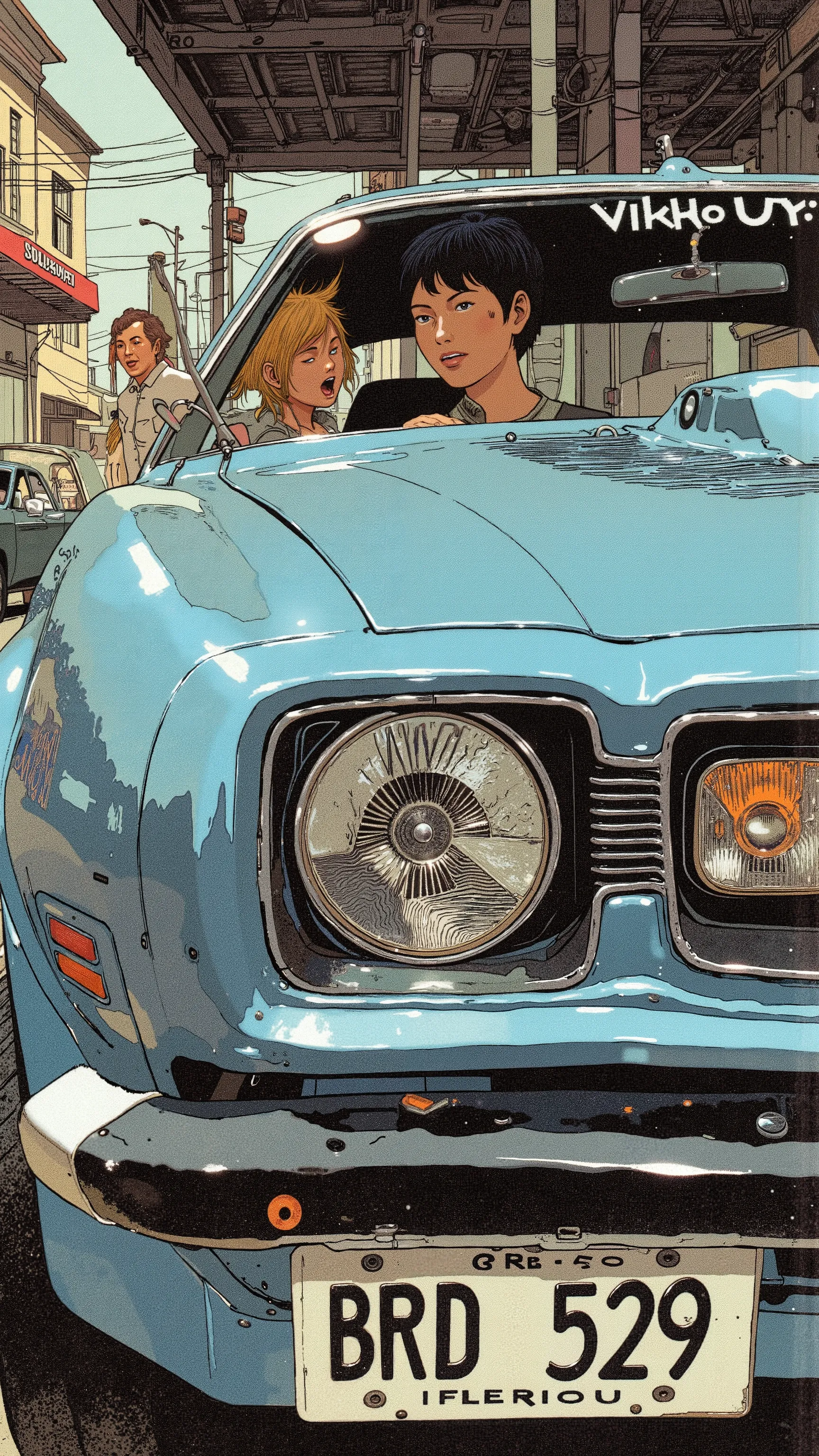 Sleek Design, Equipment, Reminiscent of Pontiac Firebird Trans Am, of fog lights. car, sense of speed on that front grille, fog lights depicts, Strong presence. Manga-specific, Vintage Pontiac Firebird Trans Am、 expresses the thrill and anxiety, chrome dec...