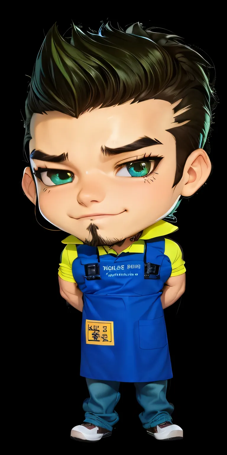 handsome and muscle manly salesperson with golden color lion's eyes and bright and sharp manly piercing Asian eyes eyes. He has dark short hair and short pompadour hairstyle. He has hairy eyebrows and hairy beard on his chin. He is wearing a fluorescent gr...