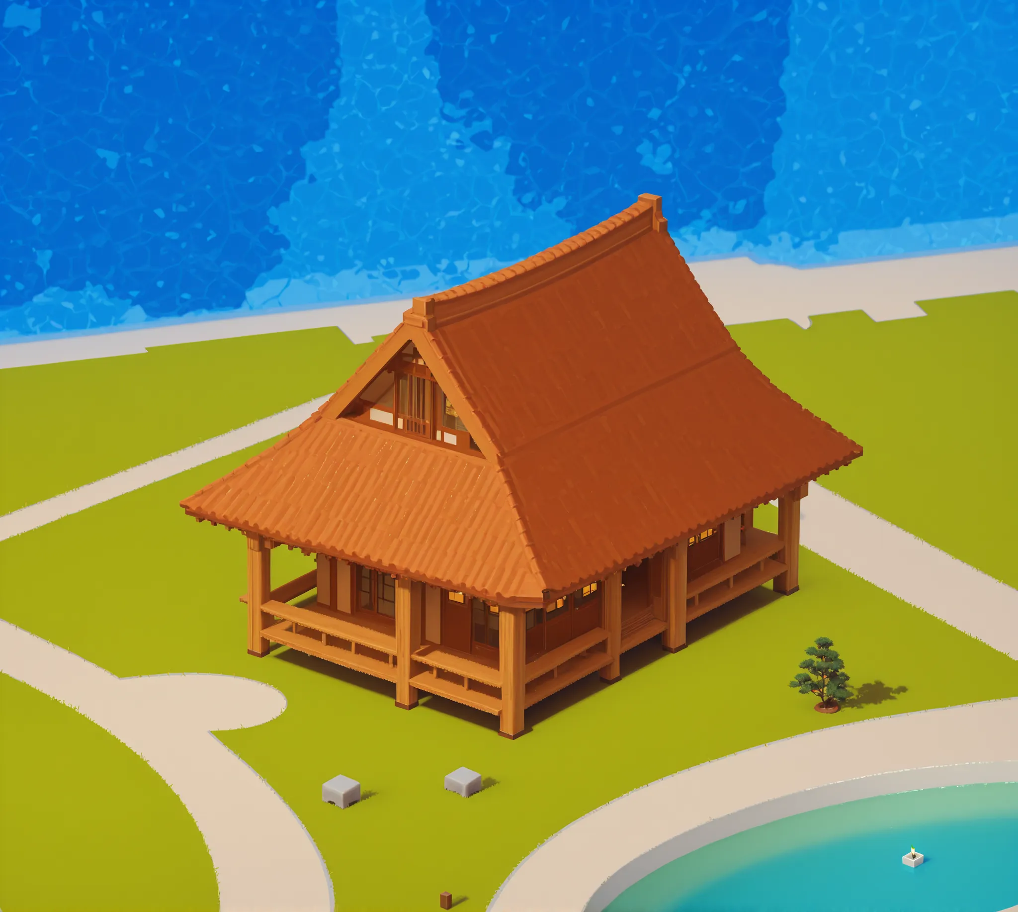 ((isometric)), ((realism)),Modern expensive villa building made of bamboo and glass, rich with very expensive, modern illuminated with panoramic windows high in isometric realism