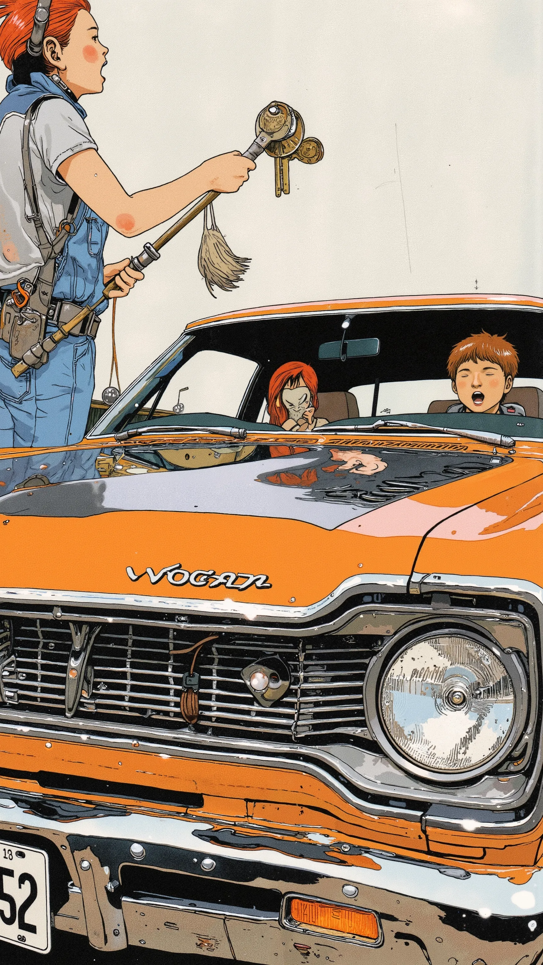 Sleek Design, Equipment, Reminiscent of Primus Roadrunner, of fog lights. car, sense of speed on that front grille, fog lights depicts, Strong presence. Manga-specific, Vintage Primus Roadrunner、 expresses the thrill and anxiety, chrome decoration, クラシックな自...