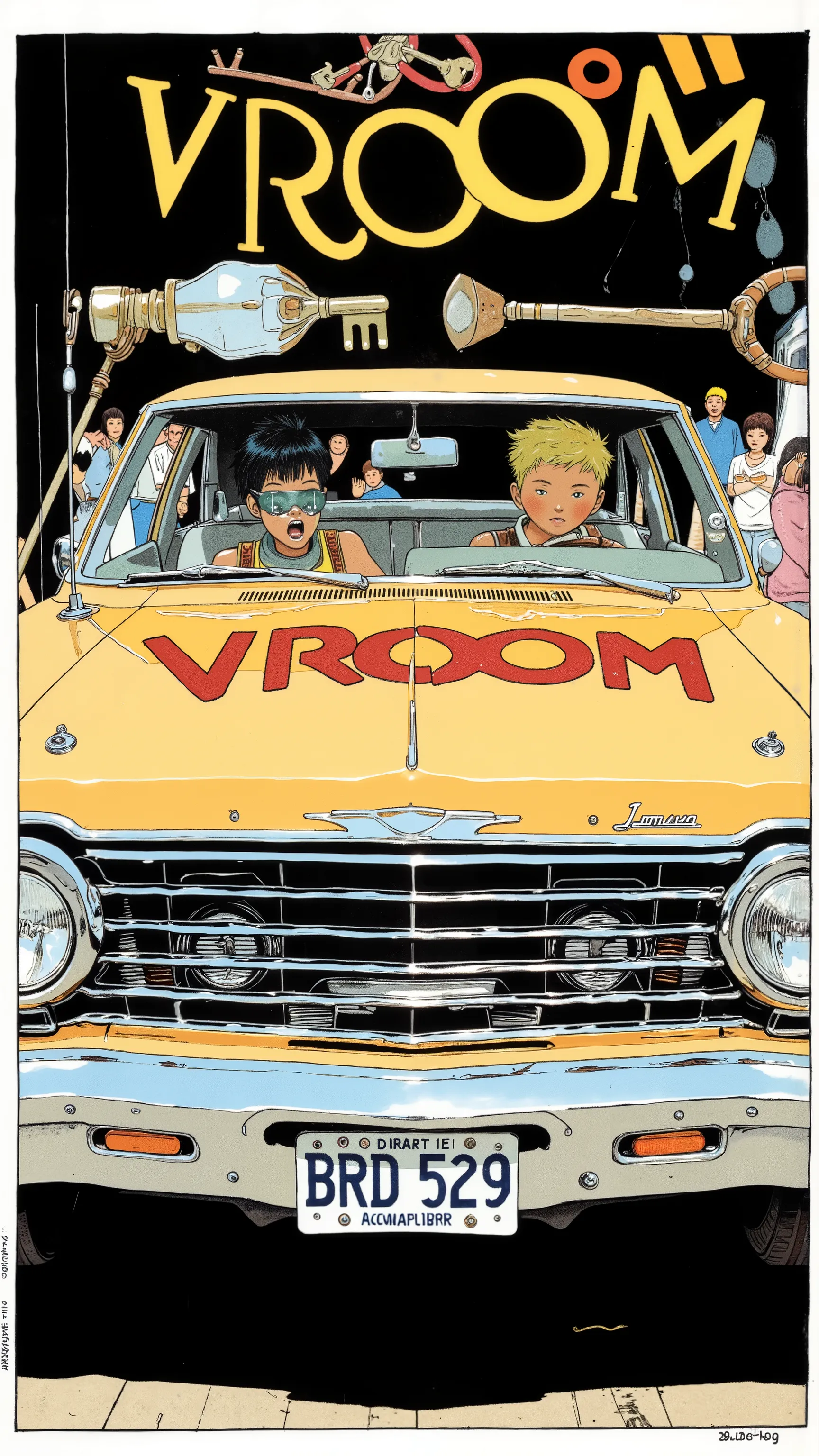 Sleek Design, Equipment, Reminiscent of Primus Roadrunner, of fog lights. car, sense of speed on that front grille, fog lights depicts, Strong presence. Manga-specific, Vintage Primus Roadrunner、 expresses the thrill and anxiety, chrome decoration, クラシックな自...