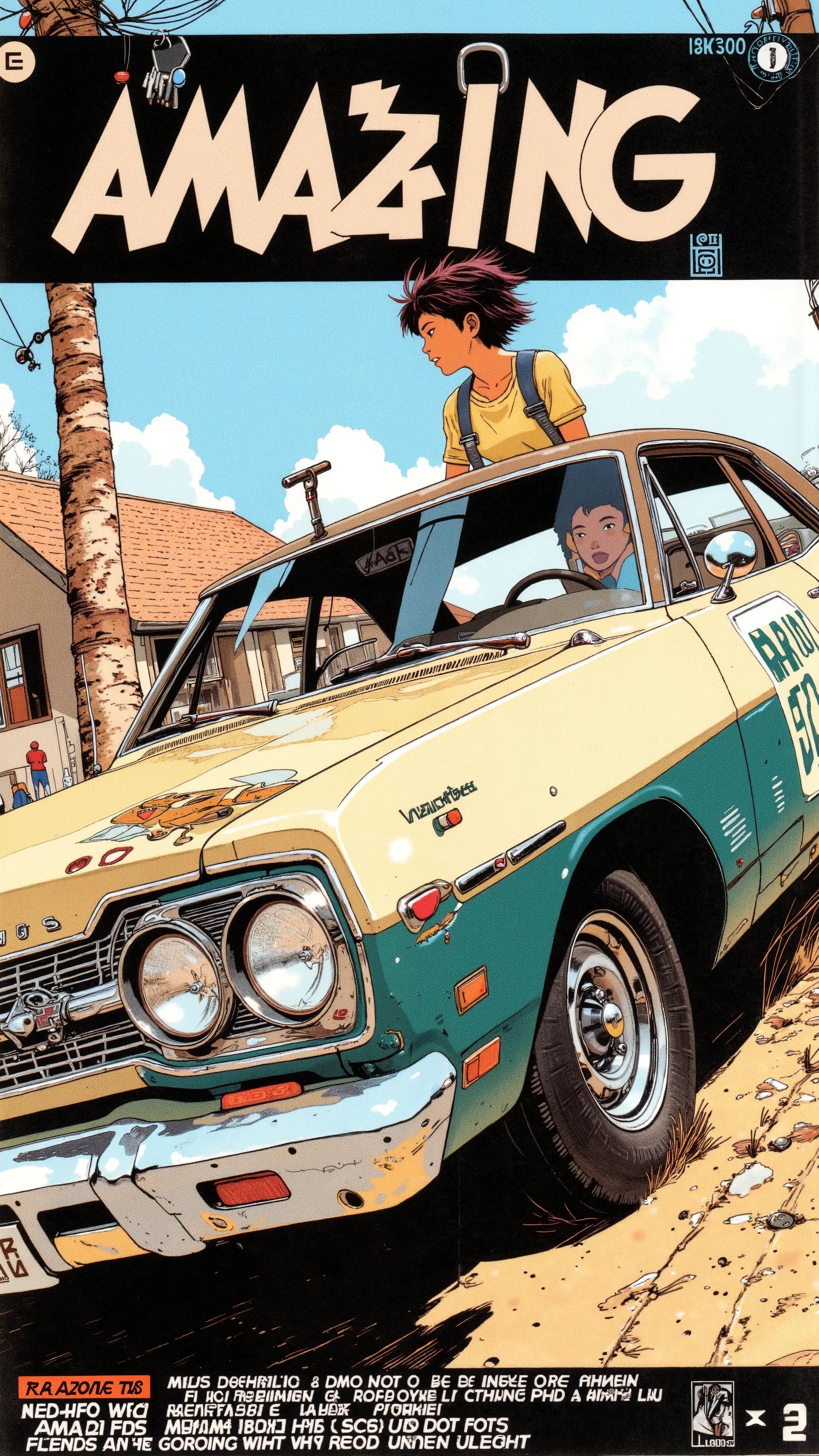 Sleek Design, Equipment, Reminiscent of Primus Roadrunner, of fog lights. car, sense of speed on that front grille, fog lights depicts, Strong presence. Manga-specific, Vintage Primus Roadrunner、 expresses the thrill and anxiety, chrome decoration, クラシックな自...