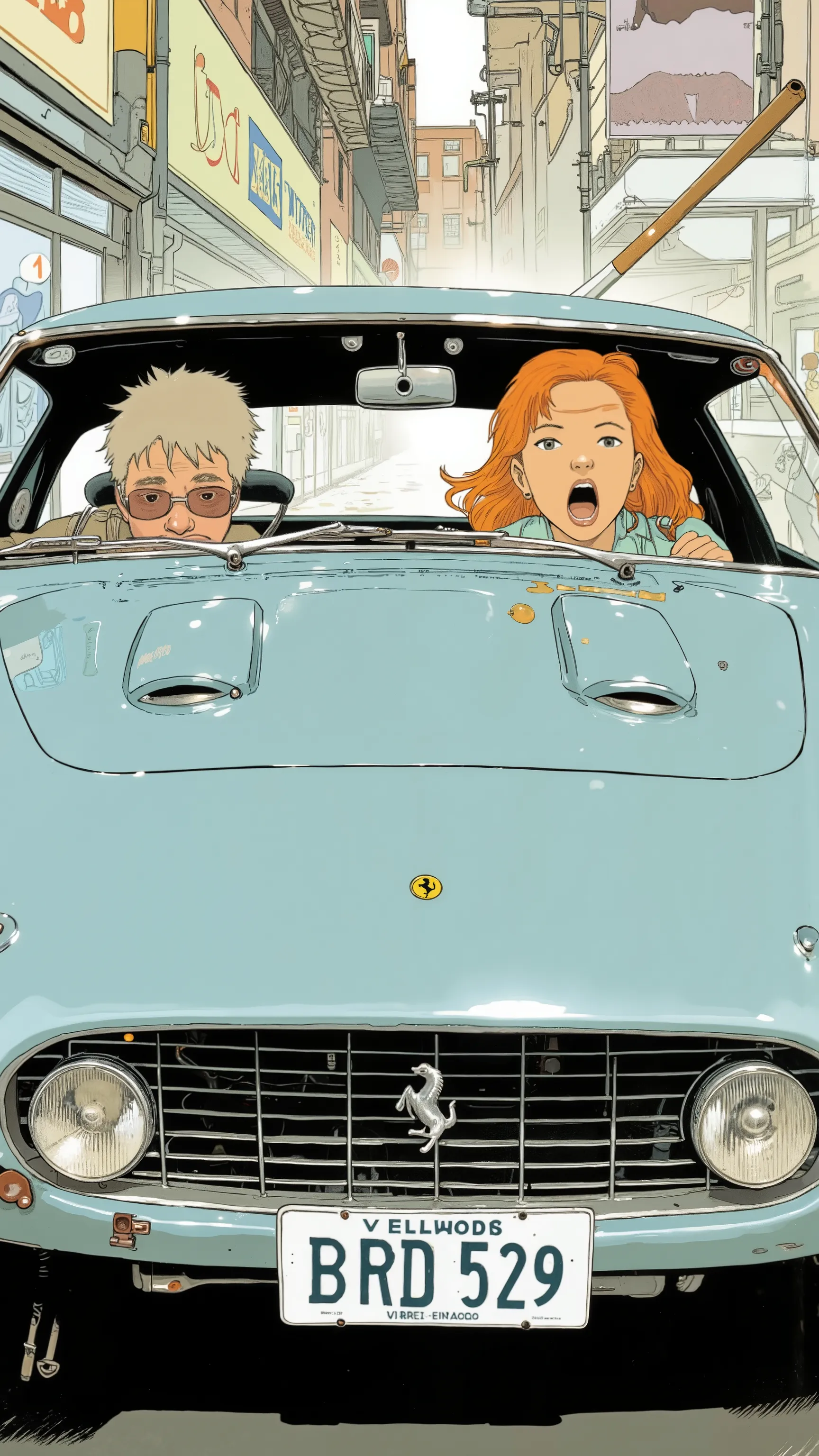 Sleek Design, Equipment, Reminiscent of Ferrari 250 GTO, of fog lights. car, sense of speed on that front grille, fog lights depicts, Strong presence. Manga-specific, Vintage Ferrari 250 GTO、expresses the thrill and anxiety, chrome decoration, クラシックな自動carデ...