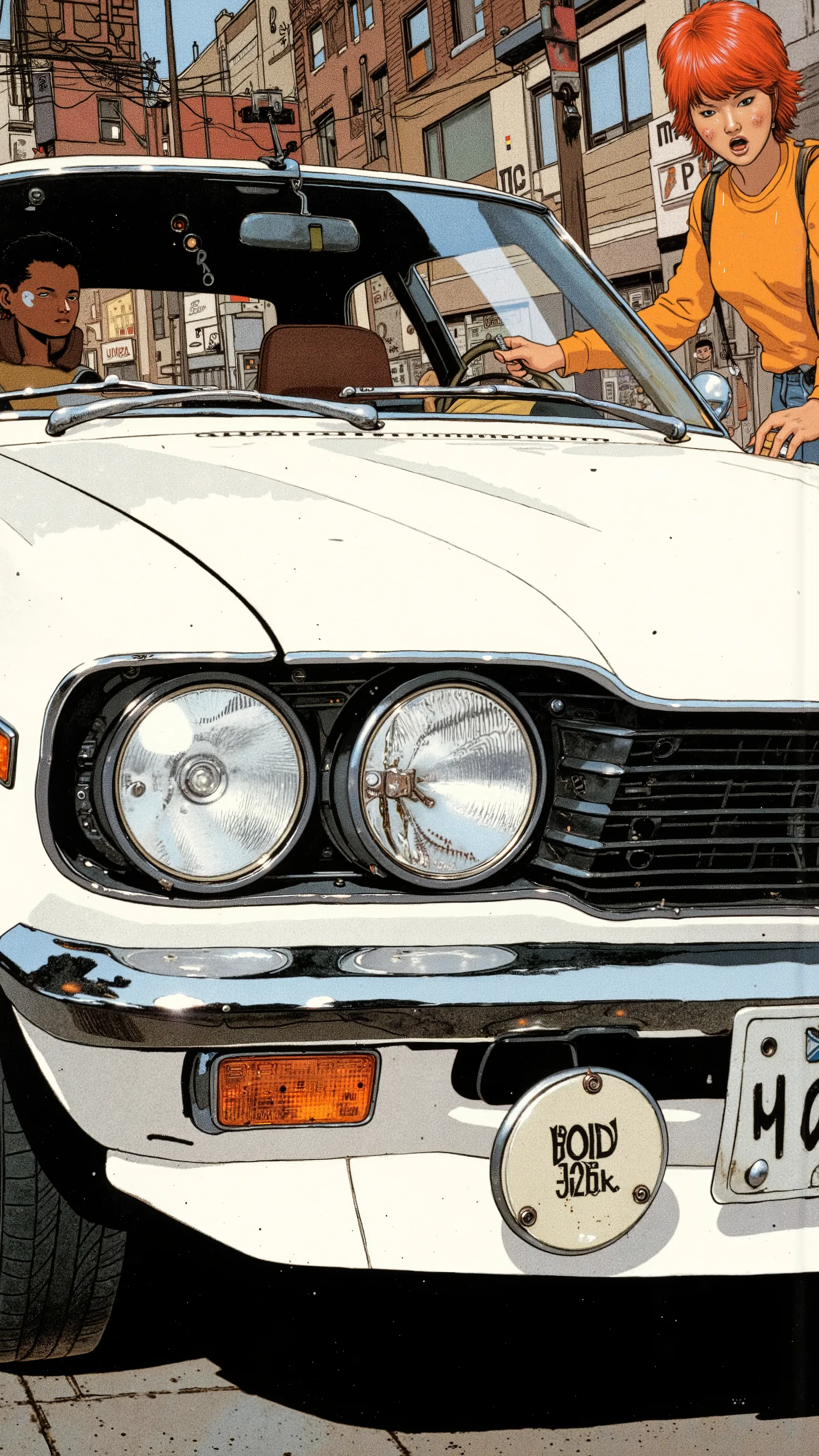 Sleek Design, Equipment, Reminiscent of Mazda Cosmo Sport, of fog lights. car, sense of speed on that front grille, fog lights depicts, Strong presence. Manga-specific, Vintage Mazda Cosmo Sport、expresses the thrill and anxiety, chrome decoration, クラシックな自動...