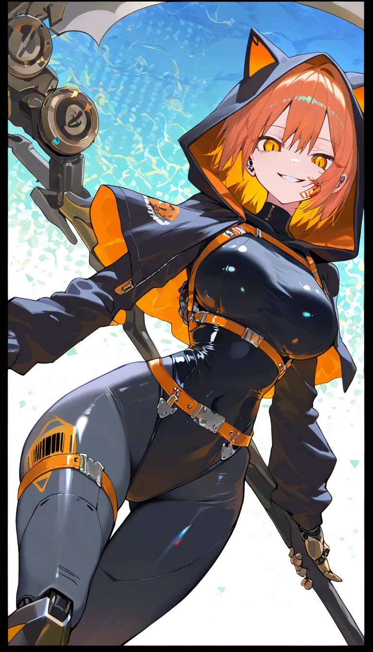 (beautiful girl : 1.3),1 girl,(hood with cat ears,mechanical leotard,turtleneck,black leggings,belt,Harness,Big Scythe,Mechanical Limbs,boots),Orange Hair,short hair,Smile Yan,reckless attitude,evil expression,provocative attitude,Keen Eyes,barcode tattoo on cheek,simple color background,dynamic angle,masterpiece,top quality,Rich Contrasts,HIGH DEFINITION,8k,high definition CG unit wallpaper,Textures,Incredibly Absurd,RAW pictures,Deep Border 1 .2,very detailed