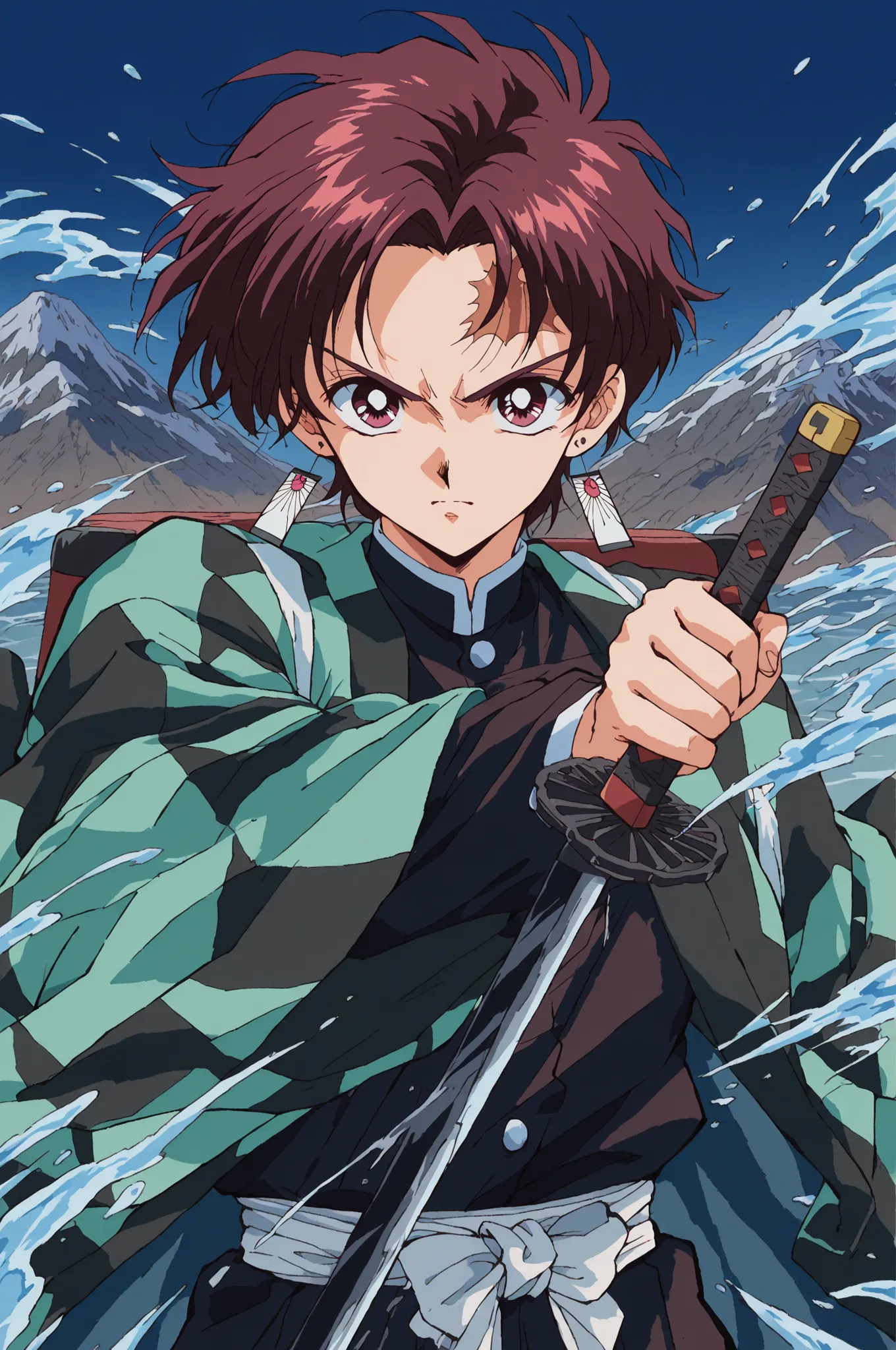 (90s Anime Style,Cel animation,Retro Color Grading,Soft noise,light film grain) top quality, Retro Masterpiece, 90s Anime Depiction, 最高品質, レトロアニメ傑作, 剣戟描写力, 1boy, tanjiro kamado, retro 90s style, detailed facial features, determined expression, 90s characte...