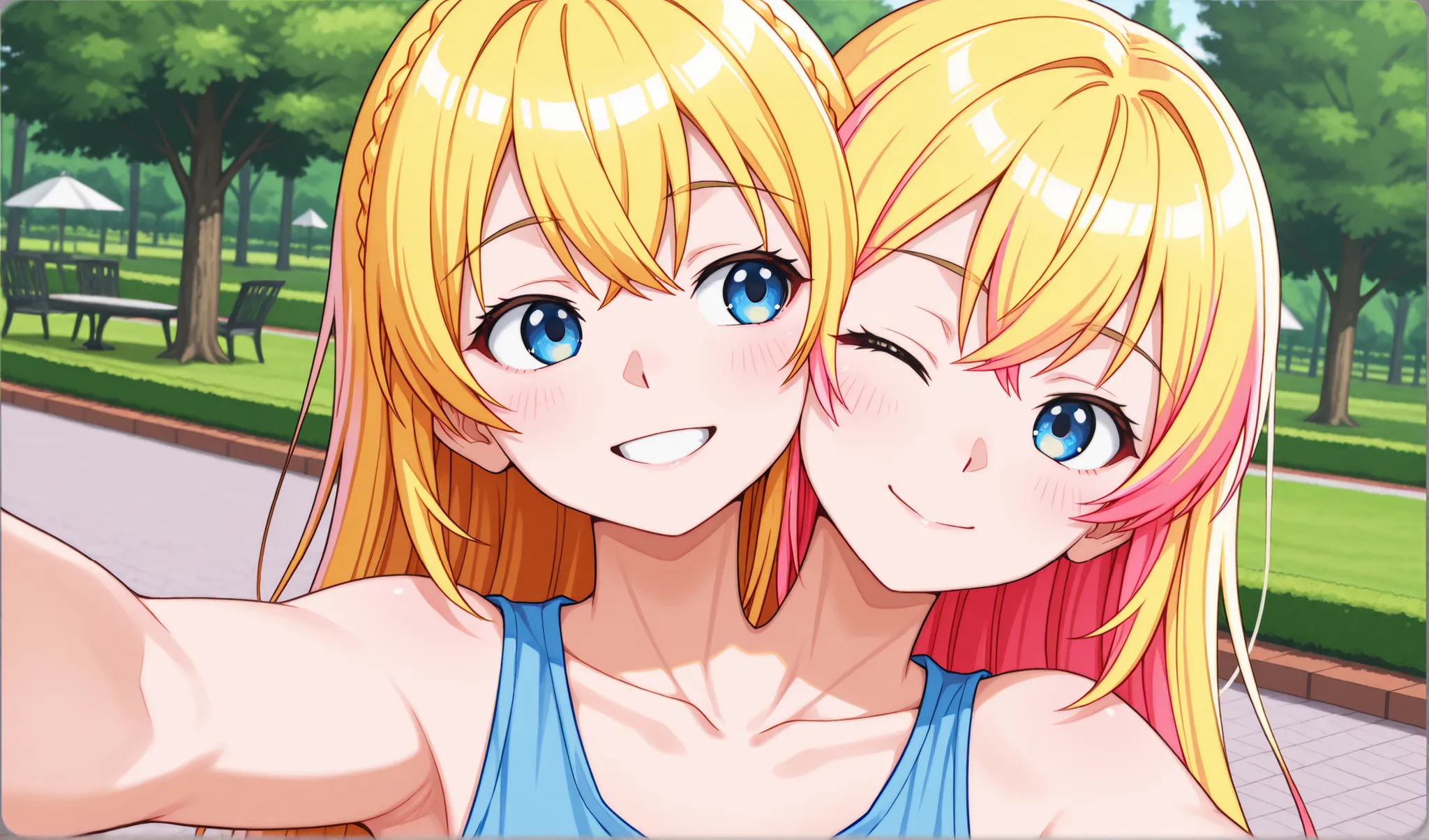 conjoined, anime girl with two heads, luka megurine, pink hair, blue eyes, winking, smiling for the camera, at a park, outside, selfie