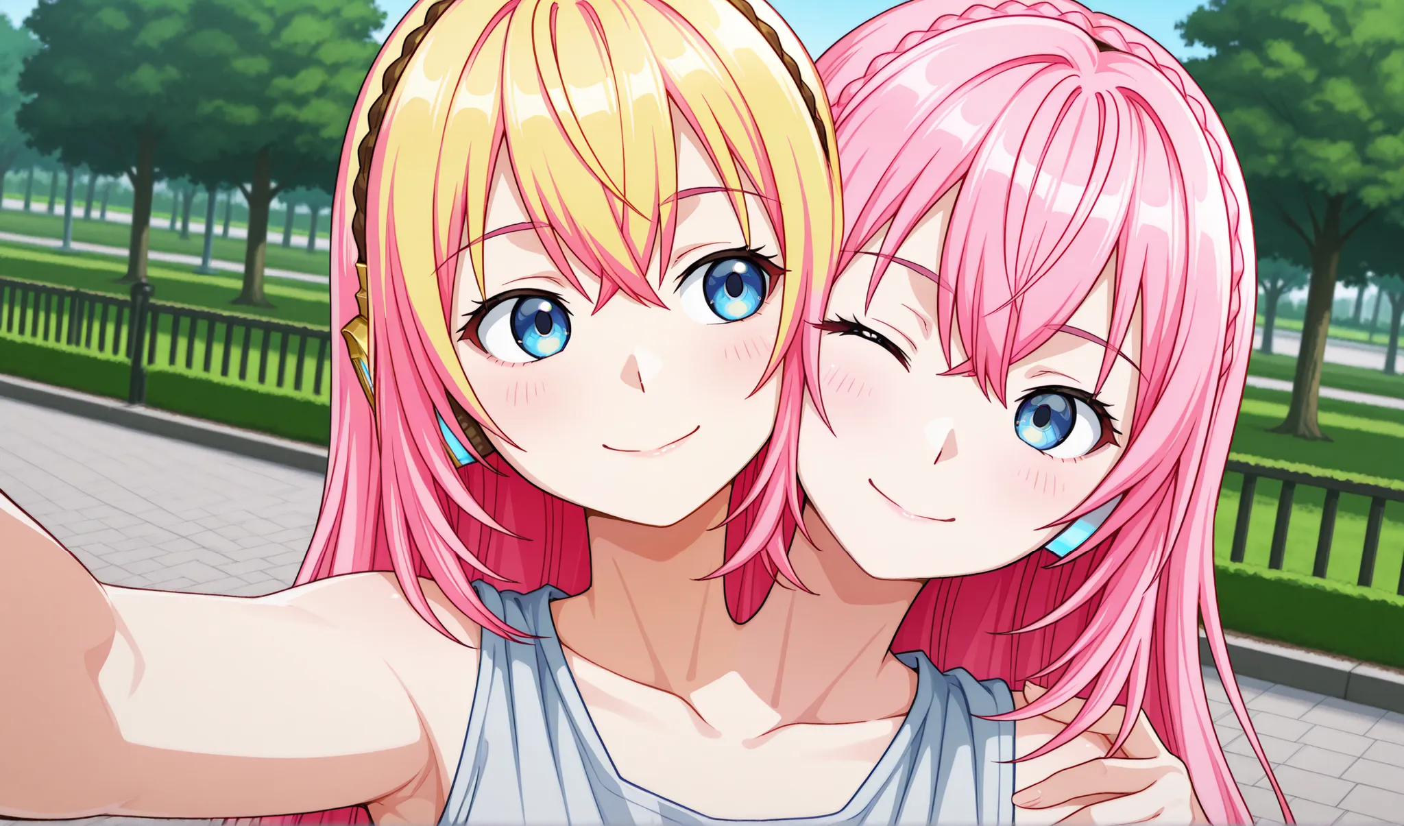 conjoined, anime girl with two heads, luka megurine, pink hair, blue eyes, winking, smiling for the camera, at a park, outside, selfie
