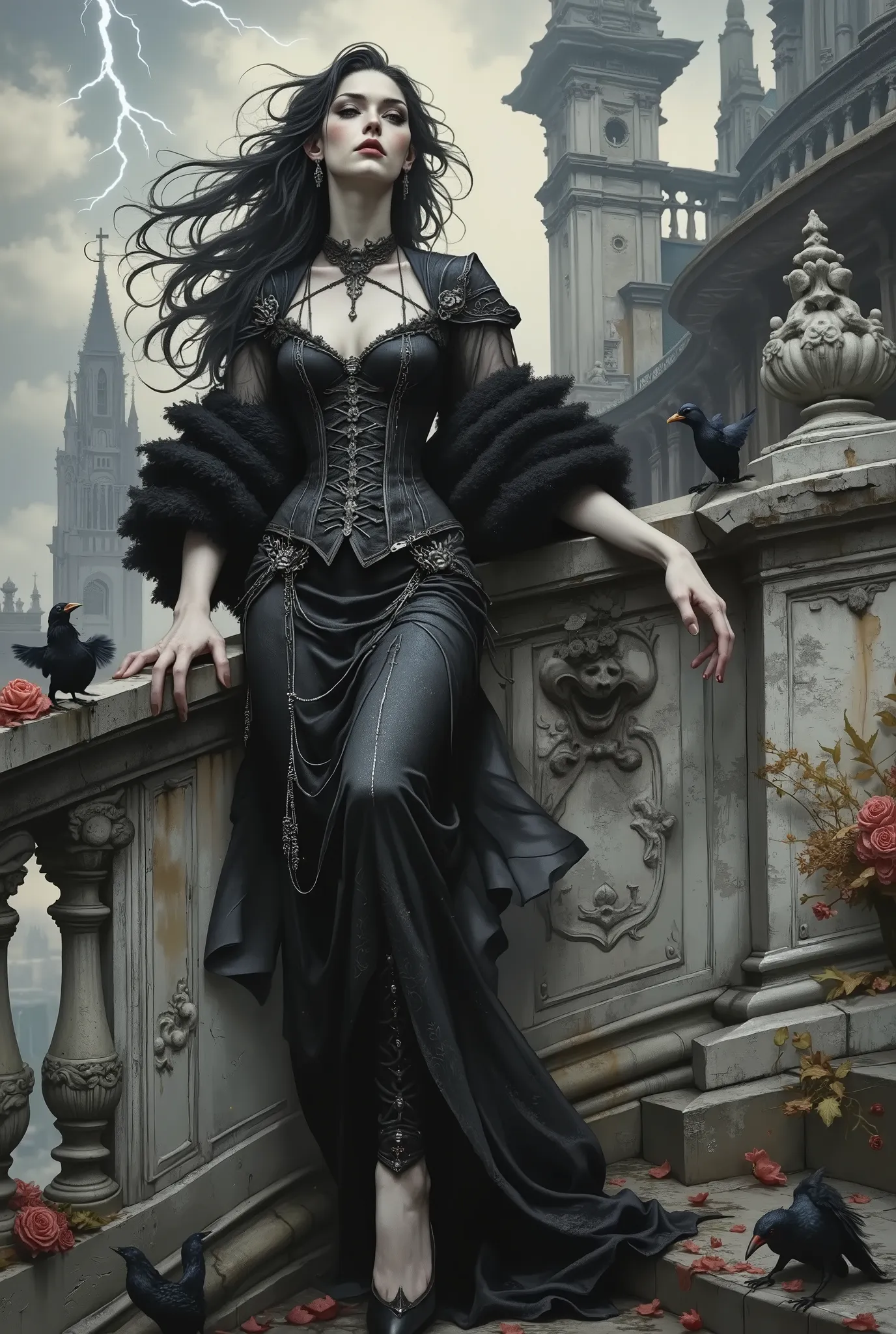 A pale, statuesque aristocrat freezes on the balcony of the cathedral, her jet-black hair - so long that it flows on the ground behind her - fluttering as if caught by an invisible wind. The threads seem to be alive, some cling to the stone balustrade like...