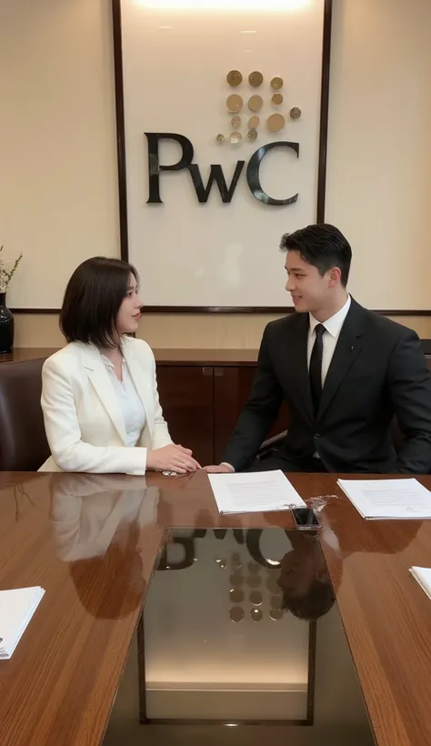 A formal, a half-body image shows a muscular Korean man sitting with a beautiful Korean-Thai woman in a meeting room in the audit firm, PriceWaterhouseCoopers: PwC. They are auditors.

She has a side bob haircut, showing off her narrow forehead. She has a ...