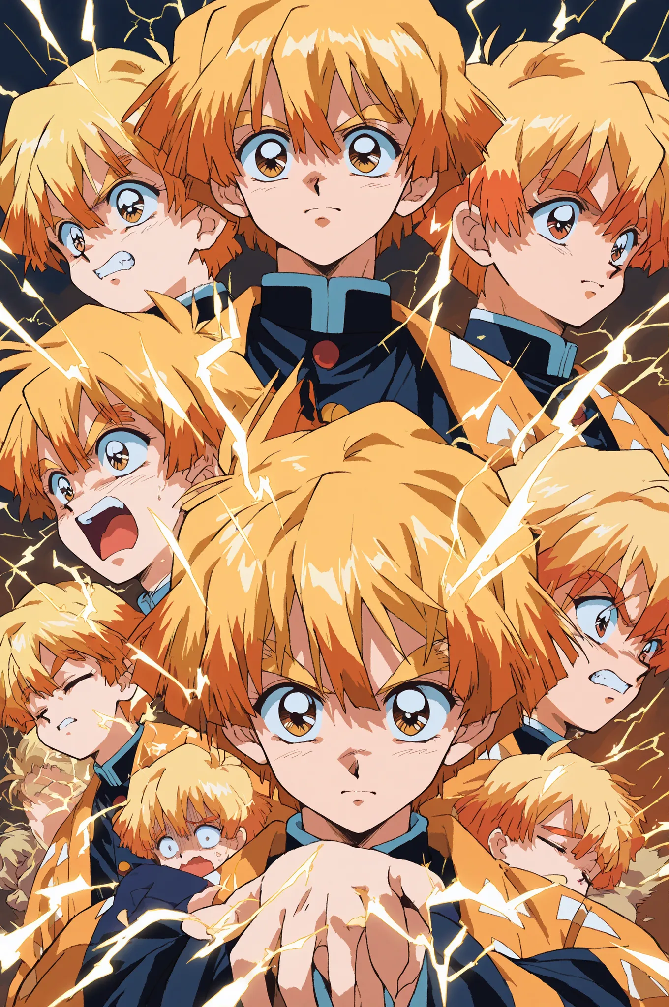 (90s Anime Style,Cel animation,Retro Color Grading,Soft noise,light film grain) top quality, Retro Masterpiece, 90s Anime Depiction, 最高品質, レトロアニメ傑作, 雷光描写力, 1boy, zenitsu agatsuma, retro anime style, detailed facial features, scared expression, 90s characte...
