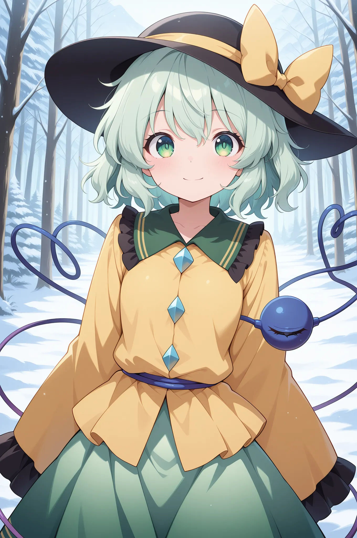 High resolution, masterpiece, best quality, amazing quality, official anime artwork, screenshot, anime screenshot, outdoors in a snowy forest, looking at viewer, slight smile, komeiji koishi, 1girl, solo, third eye, eyeballs, yarn heart, green hair, green ...