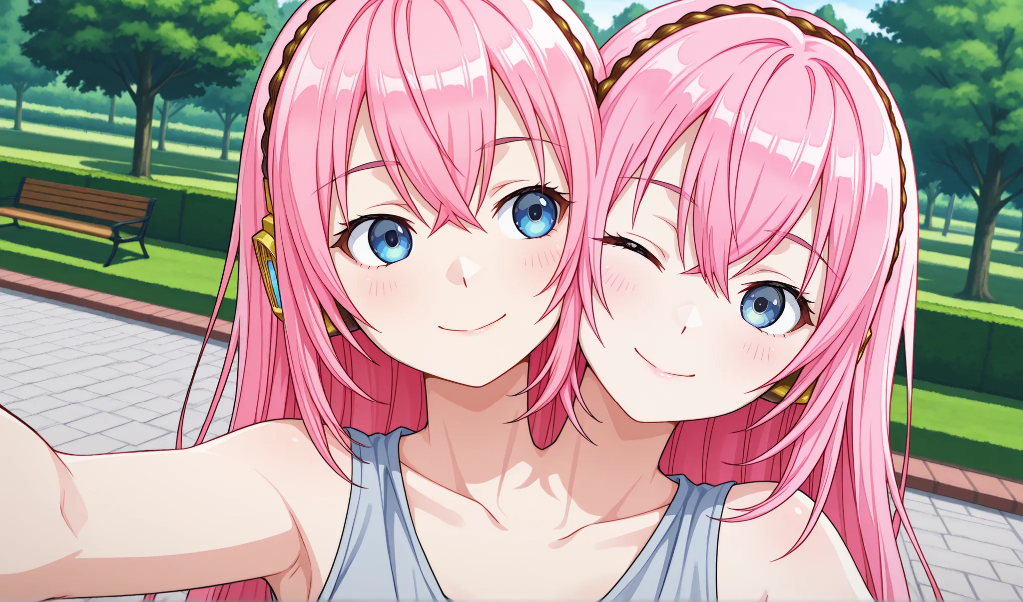 conjoined, anime girl with two heads, luka megurine, pink hair, blue eyes, winking, smiling for the camera, at a park, outside, selfie