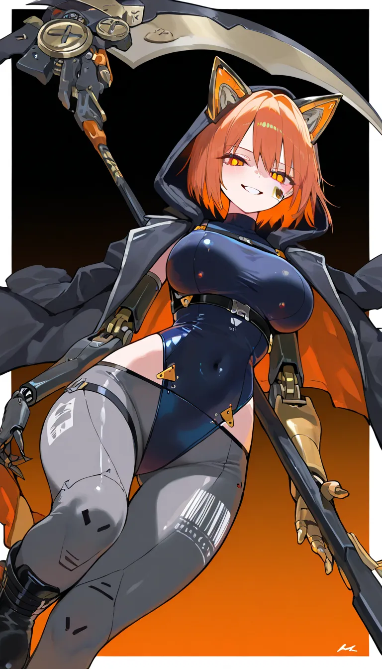 (beautiful girl : 1.3),1 girl,(hood with cat ears,mechanical leotard,turtleneck,Grey leggings,belt,Harness,Big Scythe,Mechanical Limbs,boots),Orange Hair,short hair,Smile Yan,reckless attitude,evil expression,provocative attitude,Keen Eyes,barcode tattoo on cheek,simple color background,dynamic angle,masterpiece,top quality,Rich Contrasts,HIGH DEFINITION,8k,high definition CG unit wallpaper,Textures,Incredibly Absurd,RAW pictures,Deep Border 1 .2,very detailed