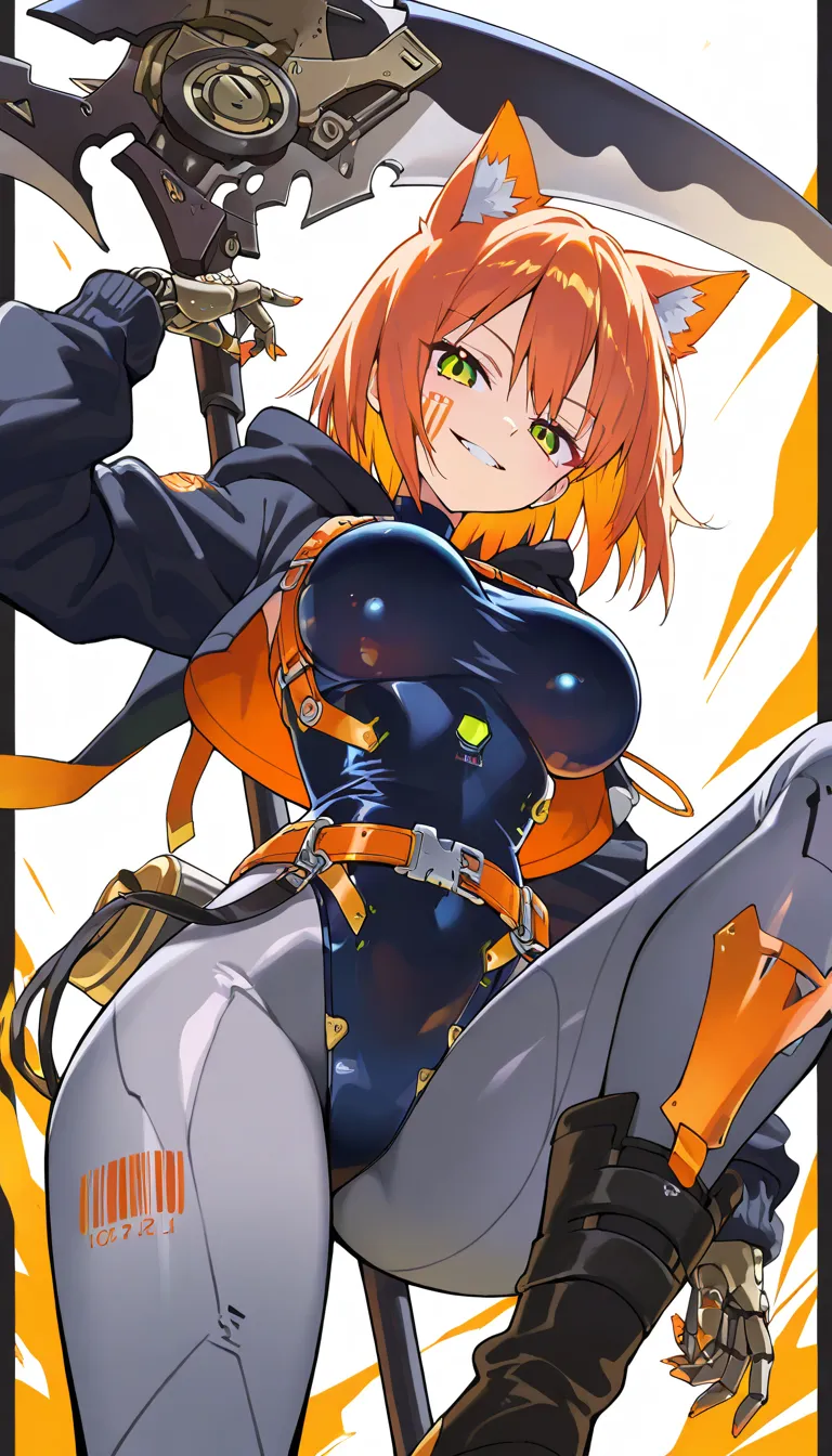 (beautiful girl : 1.3),1 girl,(hood with cat ears,mechanical leotard,turtleneck,Grey leggings,belt,Harness,Big Scythe,Mechanical Limbs,boots),Orange Hair,short hair,Smile Yan,reckless attitude,evil expression,provocative attitude,Keen Eyes,barcode tattoo on cheek,simple color background,dynamic angle,( anime style 4k,Stunning Animated Portraits,Anime Art),masterpiece,top quality,Rich Contrasts,HIGH DEFINITION,8k,high definition CG unit wallpaper,Textures,Incredibly Absurd,RAW pictures,Deep Border 1 .2,very detailed