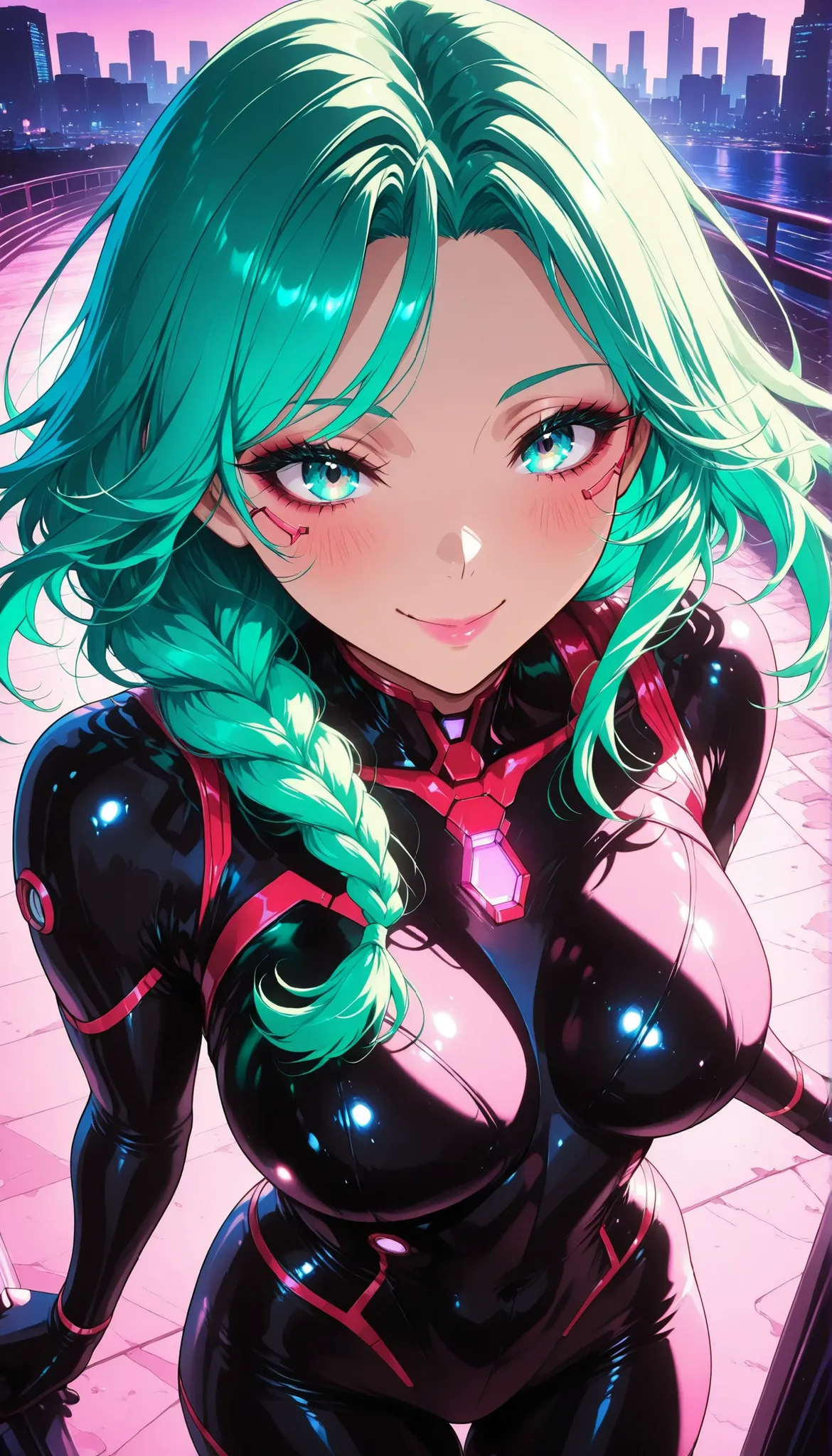 br_art, 1 woman:1.2, masterpiece, top quality, great quality, very aesthetic, Newest, very detailed, flat color, sharp focus, bright colors, soft lighting, cinematic composition, Sacred, from above, beautiful woman, green hair, long braids, long thick eye...