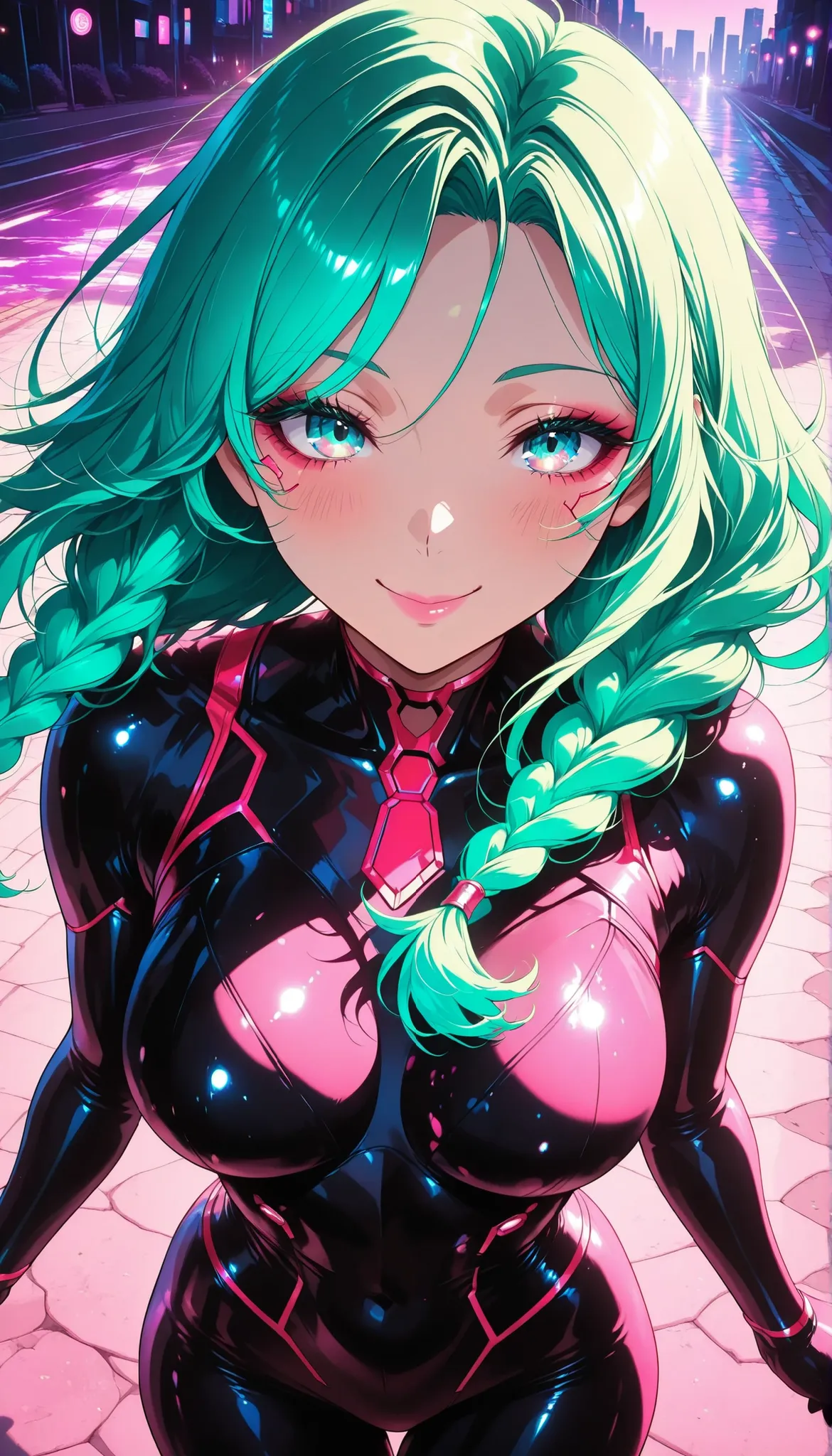 br_art, 1 woman:1.2, masterpiece, top quality, great quality, very aesthetic, Newest, very detailed, flat color, sharp focus, bright colors, soft lighting, cinematic composition, Sacred, from above, beautiful woman, green hair, long braids, long thick eye...