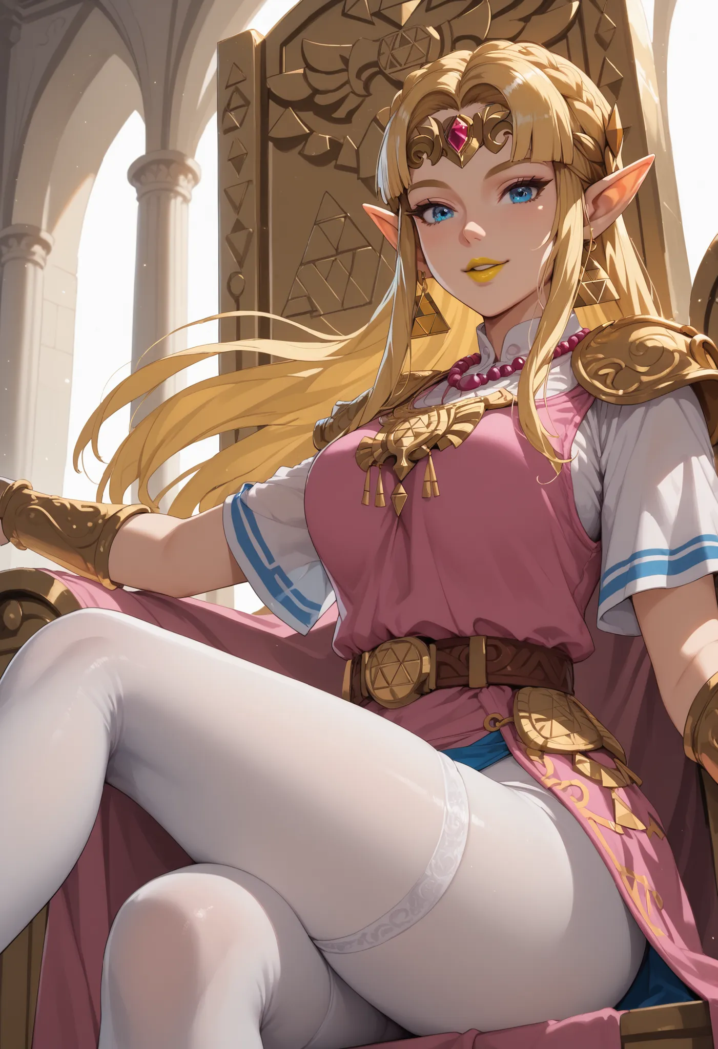 woman, big breasts, anime style, yellow lipstick, white skin, blonde hair, blue eyes, looking at the viewer, focus on the character, side view, sensual smile, bottom view, amazing lighting, elf ears, palace, sitting on the throne, long hair, Princess Zelda...
