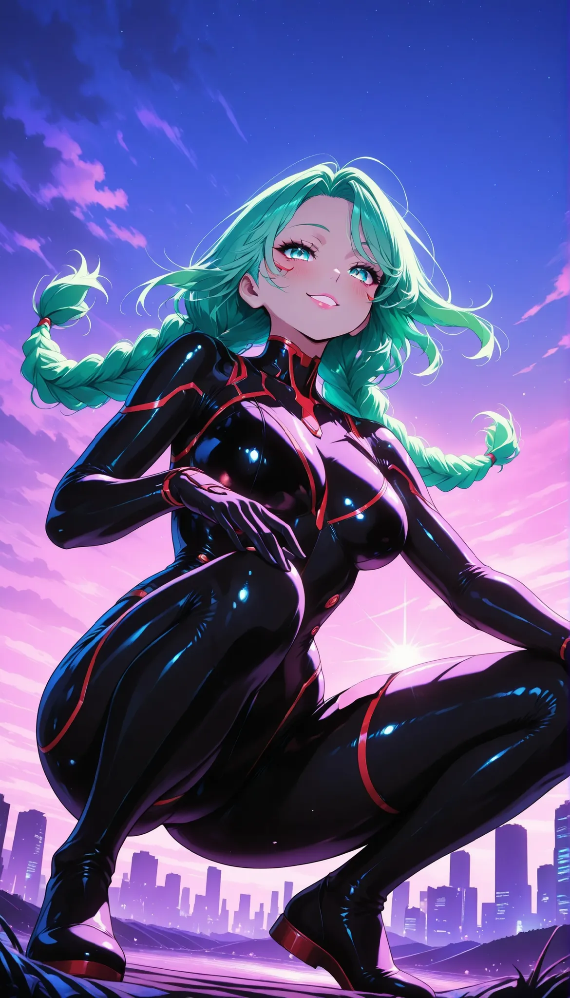br_art, 1 woman:1.2, masterpiece, top quality, great quality, very aesthetic, Newest, very detailed, flat color, sharp focus, bright colors, soft lighting, cinematic composition, Sacred, from below, beautiful woman, green hair, long braids, long thick eye...