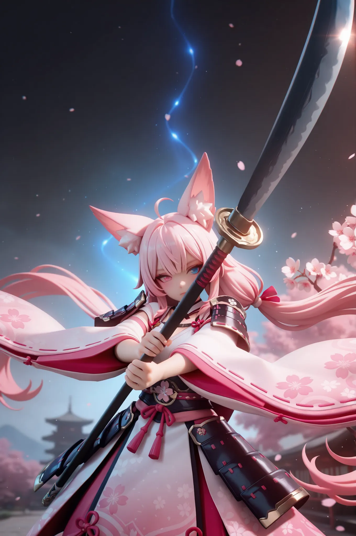 (masterpiece, best quality), amazing quality, very aesthetic, newest, hyper-detailed, solo, front view, 1girl, pink hair, long hair, silky hair, ahoge, low twintail, fox ears, heterochromia, holding weapon, naginata, japanese polearm, two-handed, japanese ...