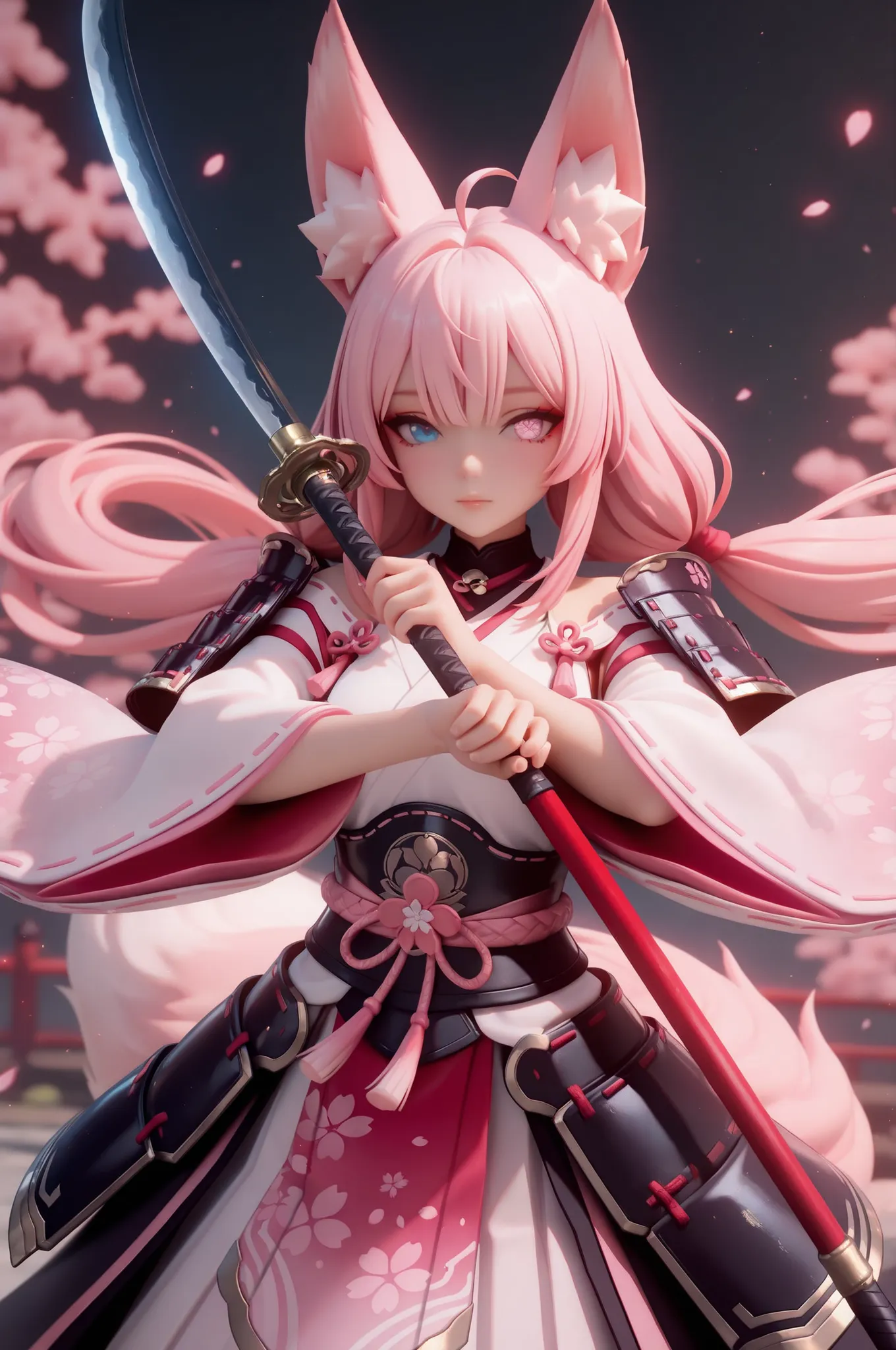 (masterpiece, best quality), amazing quality, very aesthetic, newest, hyper-detailed, solo, front view, 1girl, pink hair, long hair, silky hair, ahoge, low twintail, fox ears, heterochromia, holding weapon, naginata, japanese polearm, two-handed, japanese ...