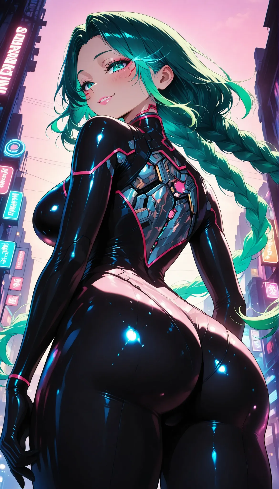 br_art, 1 woman:1.2, masterpiece, top quality, great quality, very aesthetic, Newest, very detailed, flat color, sharp focus, bright colors, soft lighting, cinematic composition, Sacred, from below, beautiful woman, green hair, long braids, long thick eye...