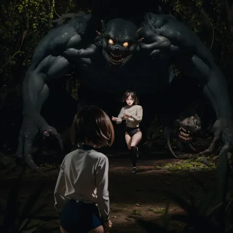 Girl, wearing a Black gymnastics bloomers,high leg ,white blouse、Scared girl、shout、Convulsing with fear、Girl being attacked by a monster、Girl caught by monster、be killed、There are a lot of monsters in the background、Girl surrounded by monsters、Solo,back sh...