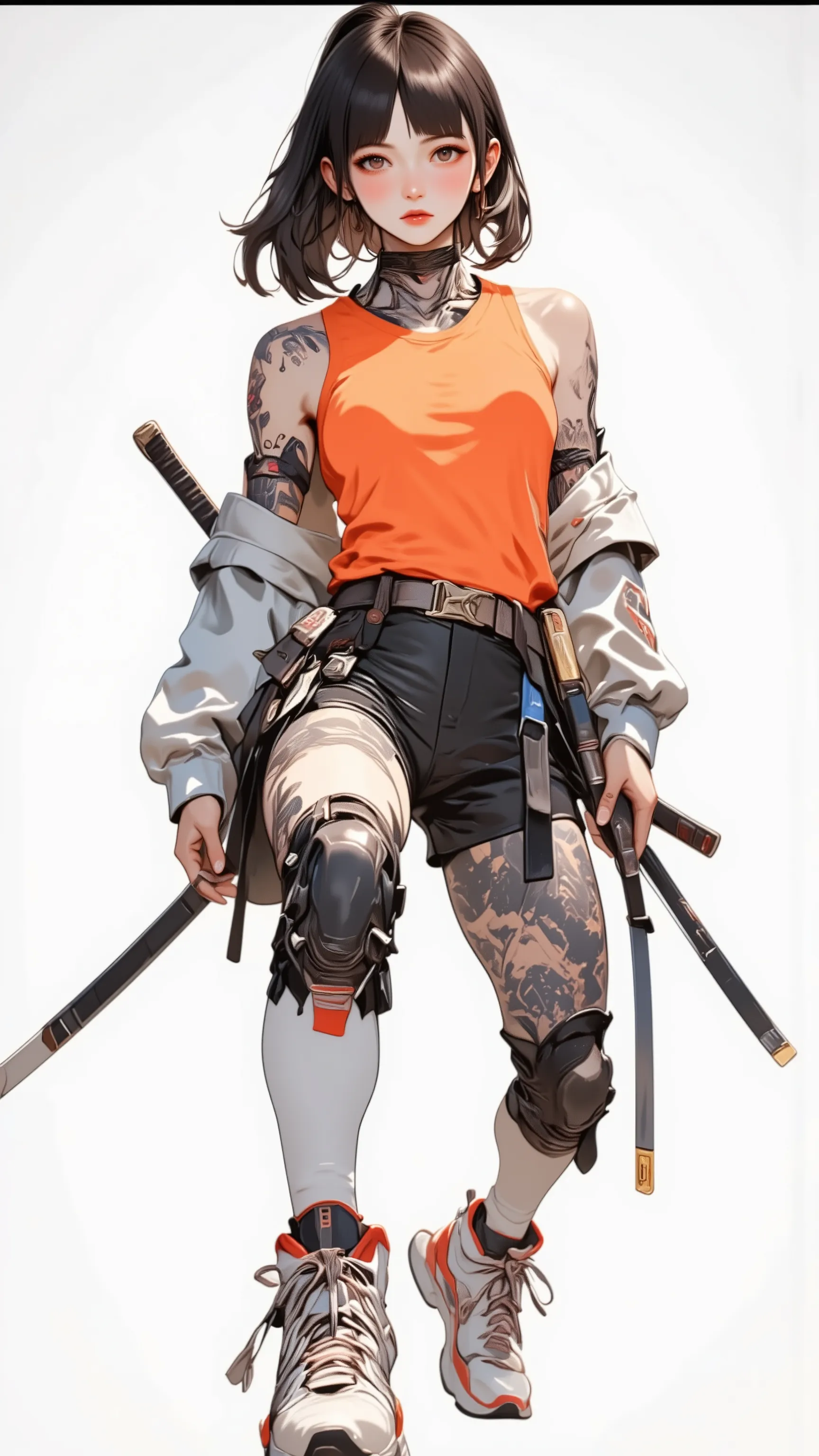  live-action 、Genuine、 Japanese woman with dark hair ponytail 、pale pink lips standing facing the ocean、thick lower lip、 Orange sports bra、 medium bust、 DELICATE ENEMIES FIGHT  、 Futuristic white and red high-top sneakers with a Japanese sword hanging from...