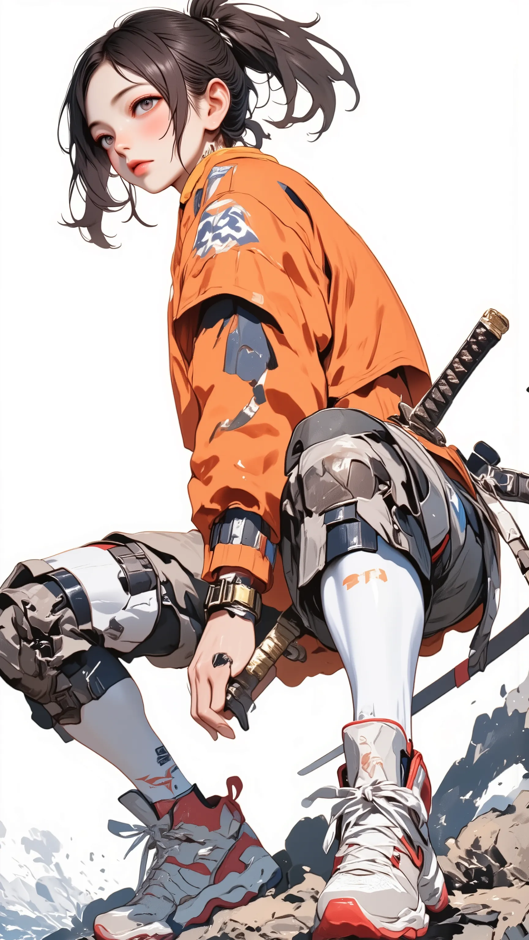  live-action 、Genuine、 Japanese woman with dark hair ponytail 、pale pink lips standing facing the ocean、thick lower lip、 Orange sports bra、 medium bust、 DELICATE ENEMIES FIGHT  、 Futuristic white and red high-top sneakers with a Japanese sword hanging from...