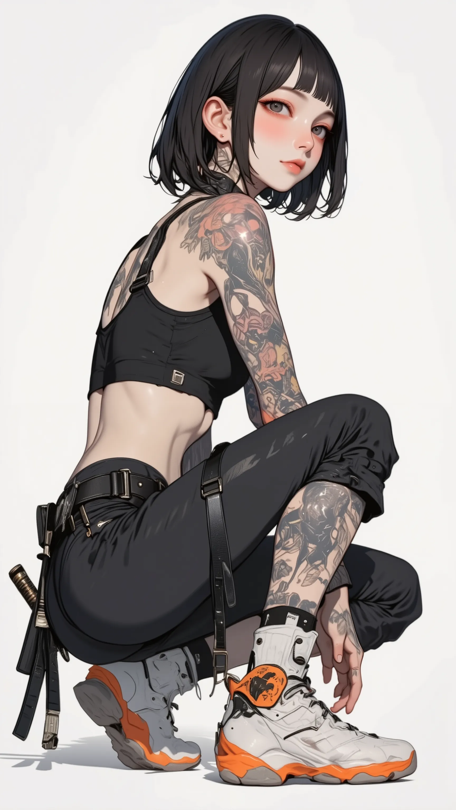  live-action 、Genuine、 Japanese woman with dark hair ponytail 、pale pink lips standing facing the ocean、thick lower lip、 s、 medium bust、 DELICATE ENEMIES FIGHT 、  Japanese tattoos all over my body  、  futuristic white and orange high-top sneakers with a Ja...