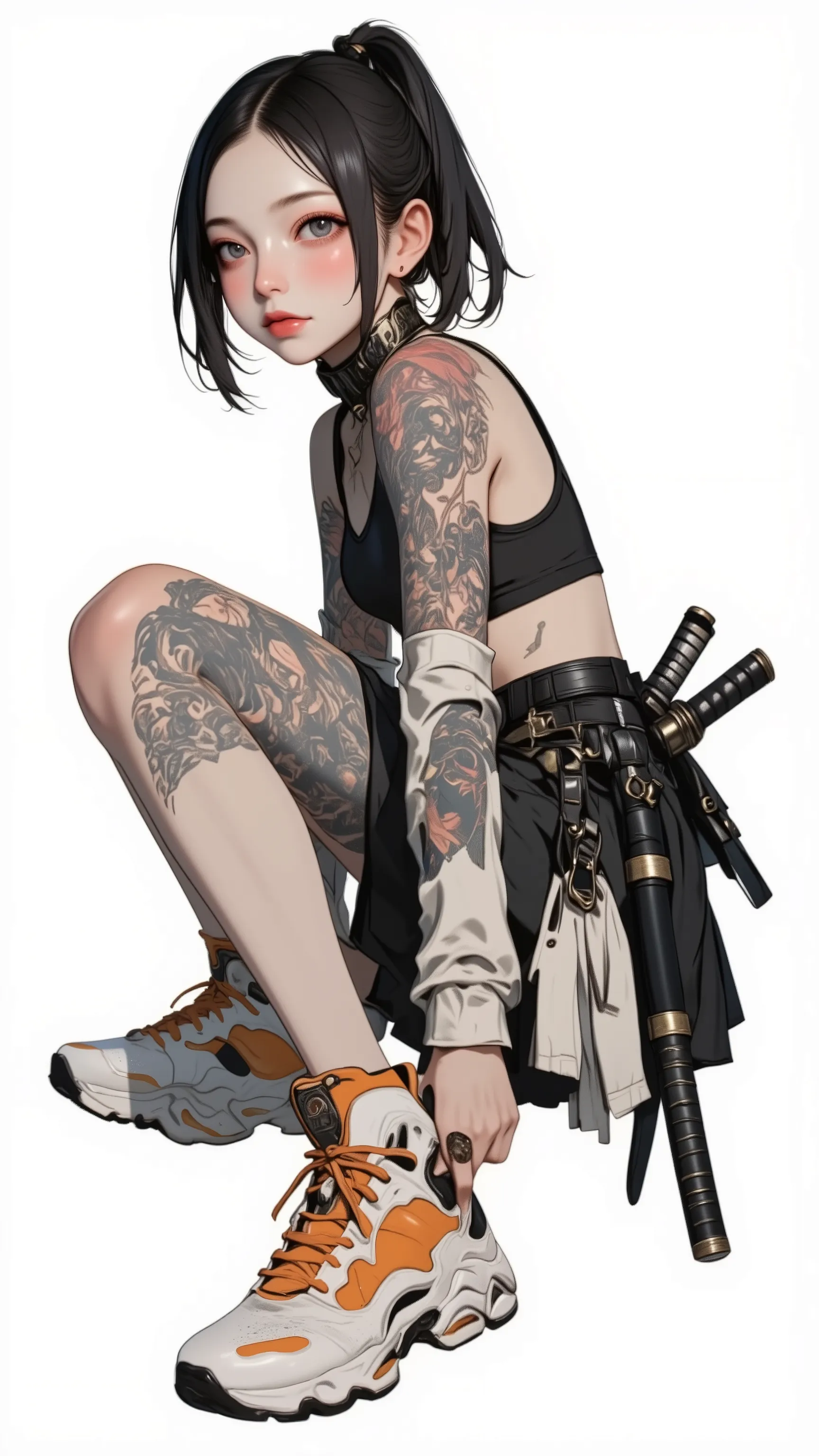  live-action 、Genuine、 Japanese woman with dark hair ponytail 、pale pink lips standing facing the ocean、thick lower lip、 s、 medium bust、 DELICATE ENEMIES FIGHT 、  Japanese tattoos all over my body  、  futuristic white and orange high-top sneakers with a Ja...