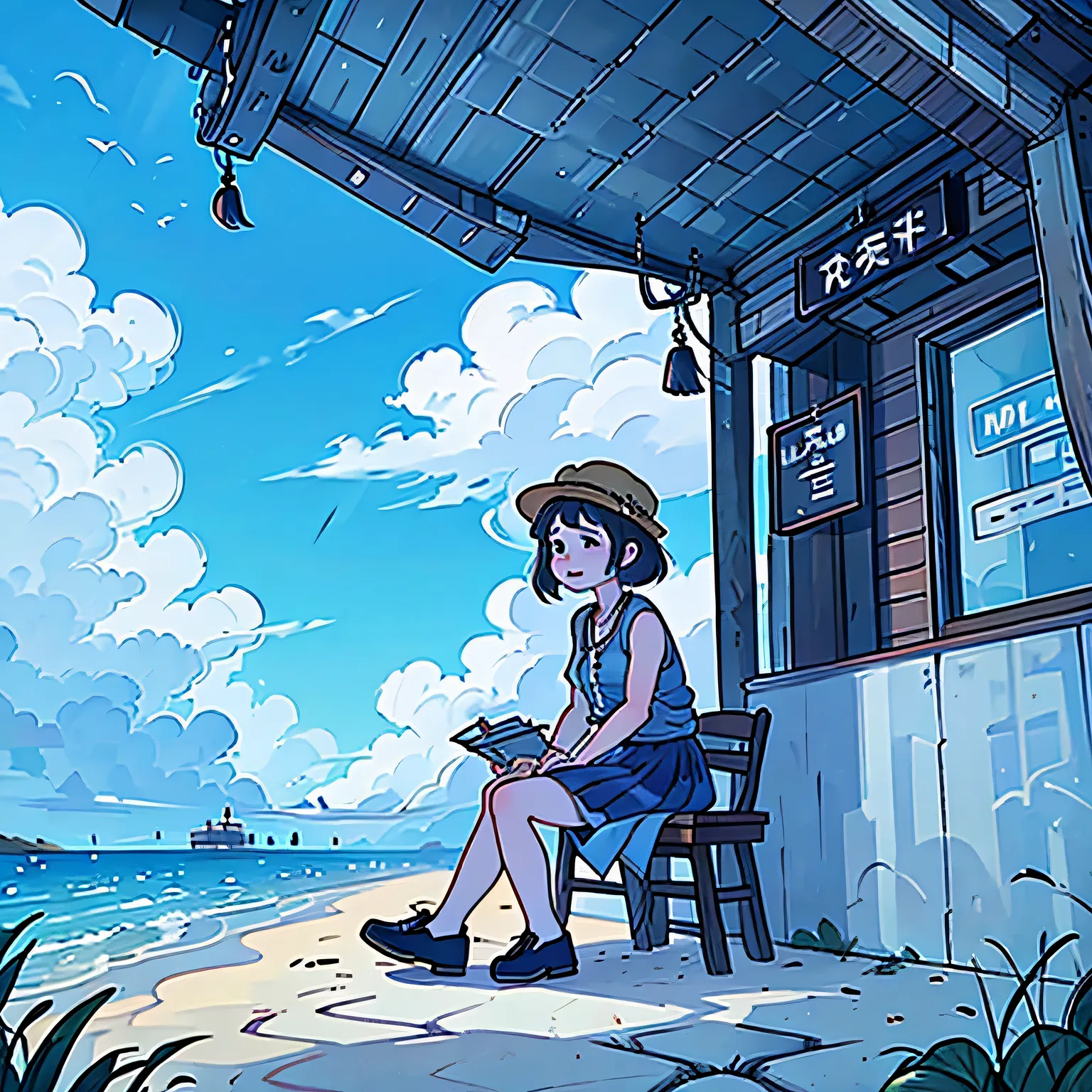 22 years old、Japanese Women、145 cm tall 、Babyface、round face、Dark eyebrows、the gills are slightly stretched、short hair、bob cut、Standard body type、 Silver Hair、inner circle、Wave Hair、The chin is rounded、wearing a small necklace、wearing a straw hat、Sitting o...