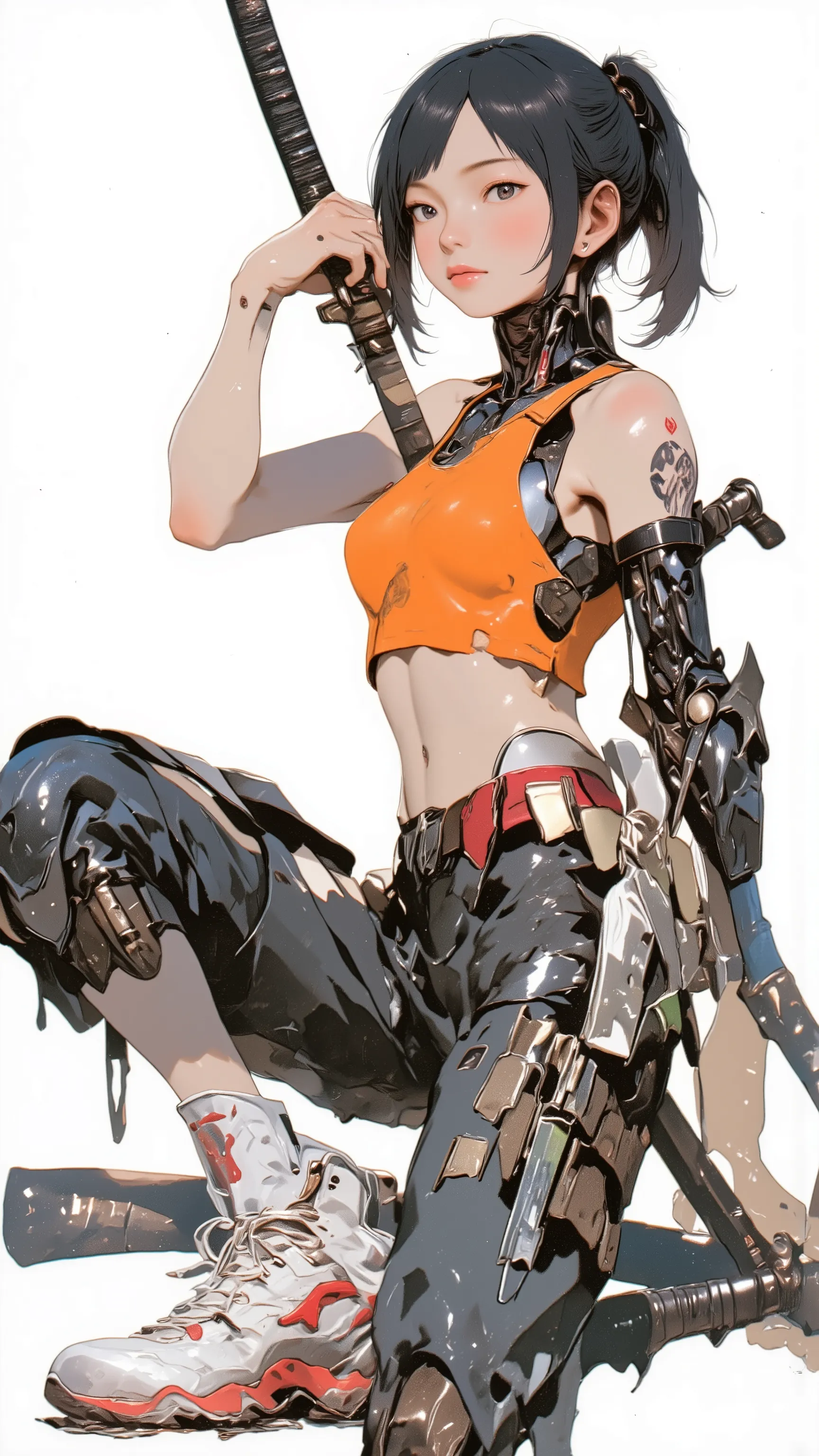  live-action 、Genuine、 Japanese woman with dark hair ponytail 、pale pink lips standing facing the ocean、thick lower lip、 Orange sports bra、 medium bust、 DELICATE ENEMIES FIGHT  、 Futuristic white and red high-top sneakers with a Japanese sword hanging from...