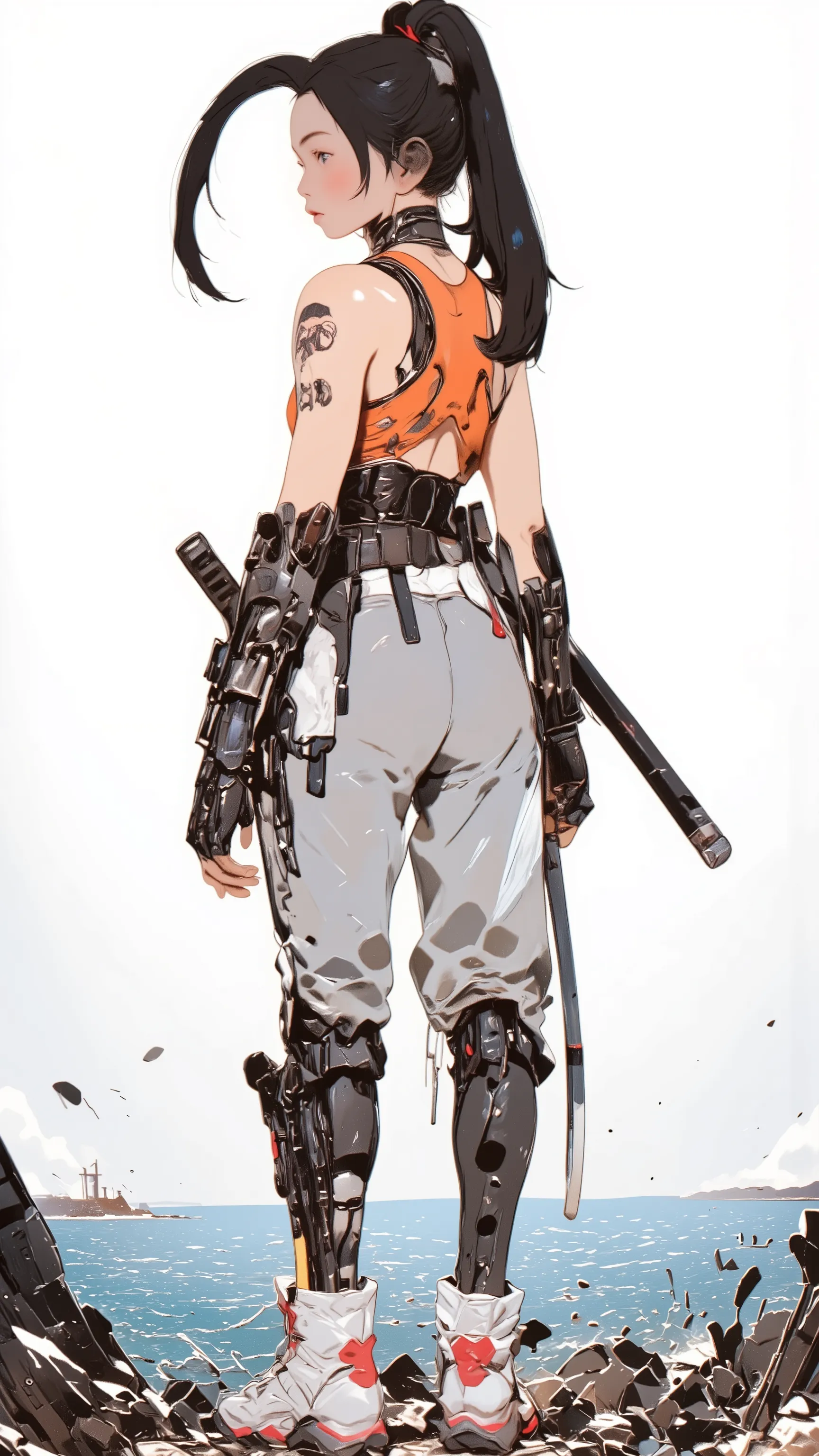  live-action 、Genuine、 Japanese woman with dark hair ponytail 、pale pink lips standing facing the ocean、thick lower lip、 Orange sports bra、 medium bust、 DELICATE ENEMIES FIGHT  、 Futuristic white and red high-top sneakers with a Japanese sword hanging from...