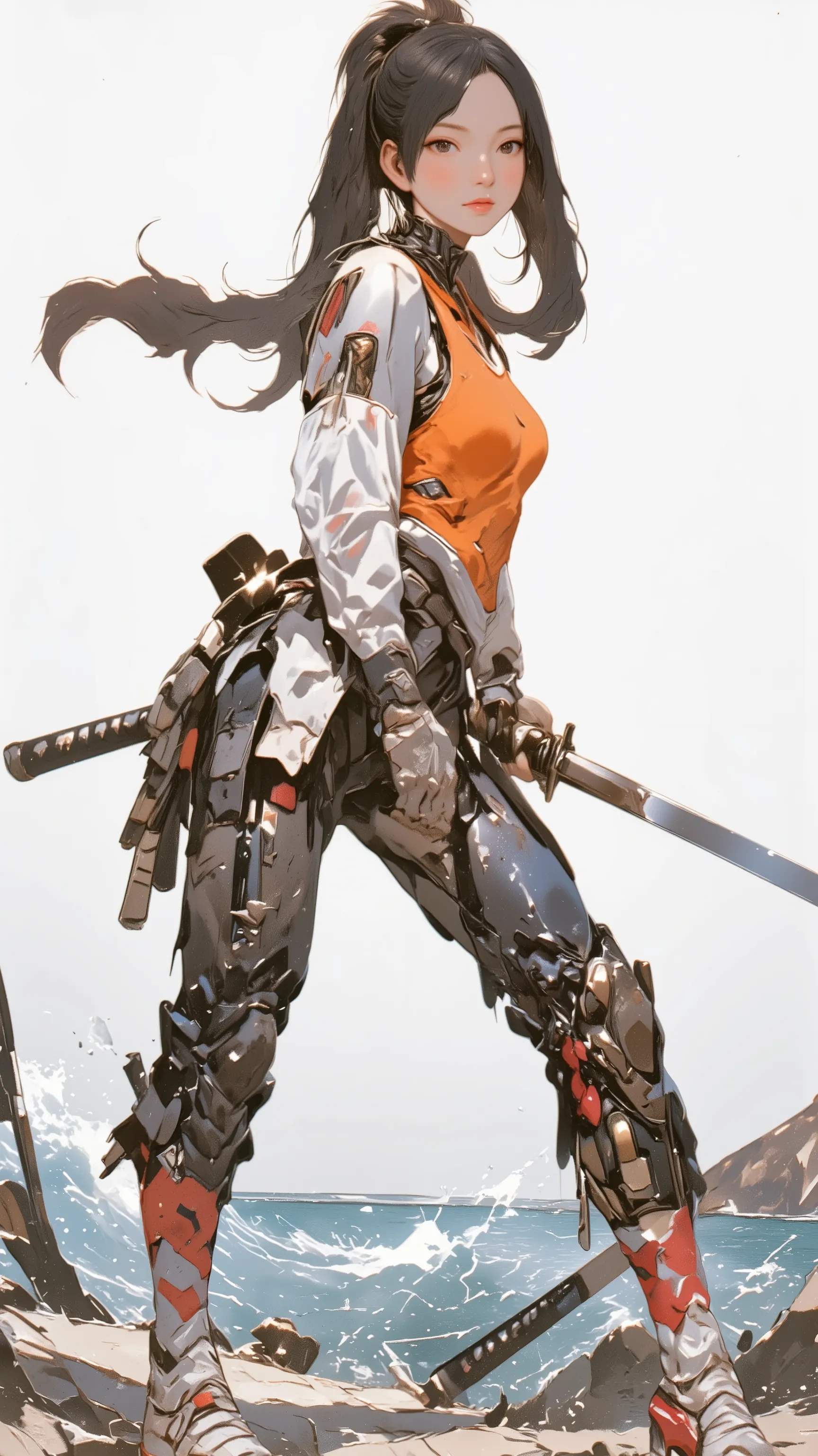 live-action 、Genuine、 Japanese woman with dark hair ponytail 、pale pink lips standing facing the ocean、thick lower lip、 Orange sports bra、 medium bust、 DELICATE ENEMIES FIGHT  、 Futuristic white and red high-top sneakers with a Japanese sword hanging from...