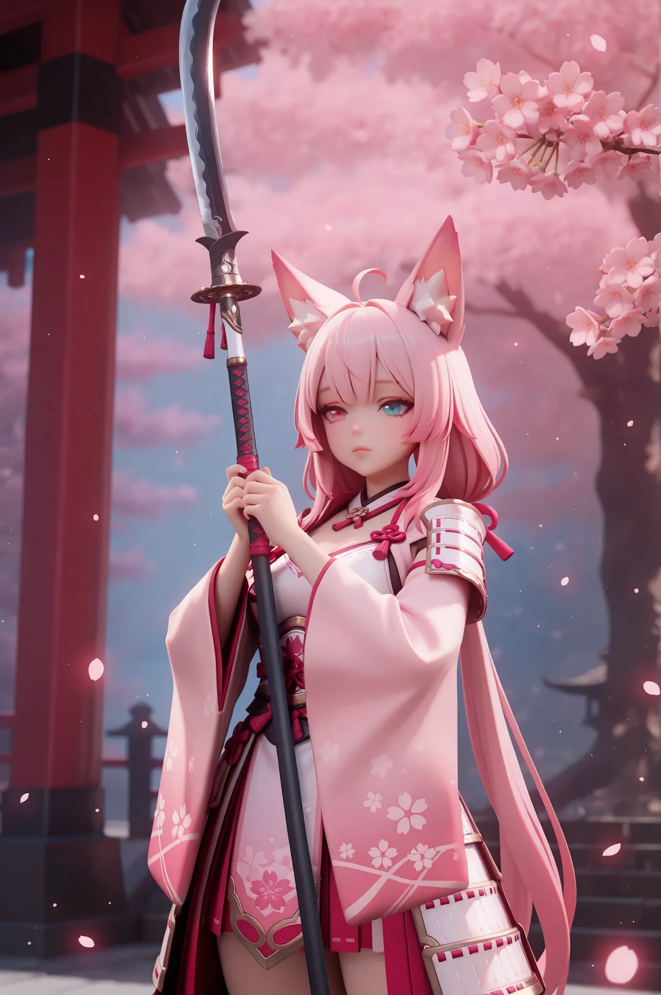 (masterpiece, best quality), amazing quality, very aesthetic, newest, hyper-detailed, solo, front view, cowboy shot, 1girl, pink hair, long hair, silky hair, ahoge, low twintail, fox ears, heterochromia, holding weapon, naginata, japanese polearm, two-hand...