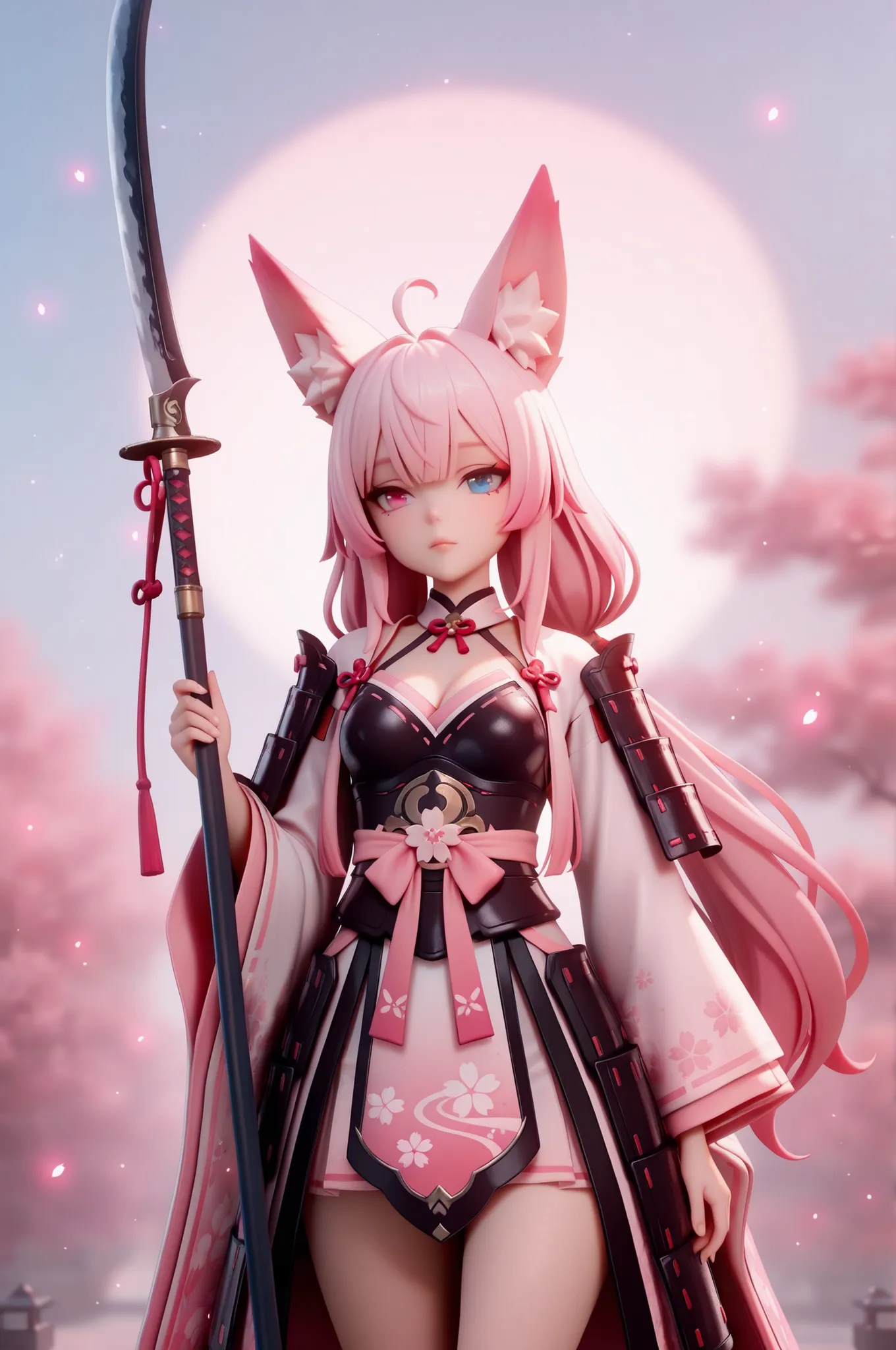 (masterpiece, best quality), amazing quality, very aesthetic, newest, hyper-detailed, solo, front view, cowboy shot, 1girl, pink hair, long hair, silky hair, ahoge, low twintail, fox ears, heterochromia, holding weapon, naginata, japanese polearm, japanese...