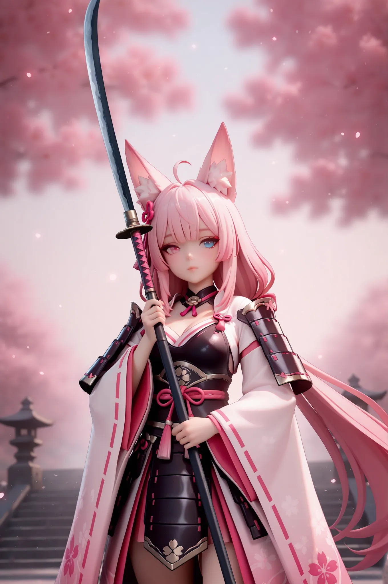 (masterpiece, best quality), amazing quality, very aesthetic, newest, hyper-detailed, solo, front view, cowboy shot, 1girl, pink hair, long hair, silky hair, ahoge, low twintail, fox ears, heterochromia, holding weapon, naginata, japanese polearm, japanese...