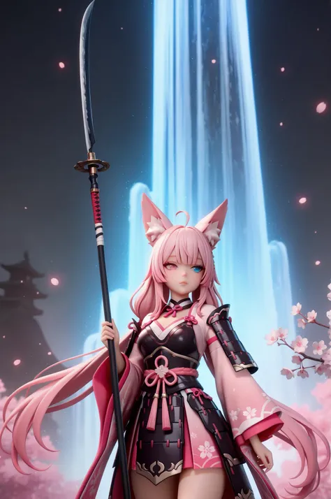 (masterpiece, best quality), amazing quality, very aesthetic, newest, hyper-detailed, solo, front view, cowboy shot, 1girl, pink hair, long hair, silky hair, ahoge, low twintail, fox ears, heterochromia, holding weapon, naginata, japanese polearm, japanese...