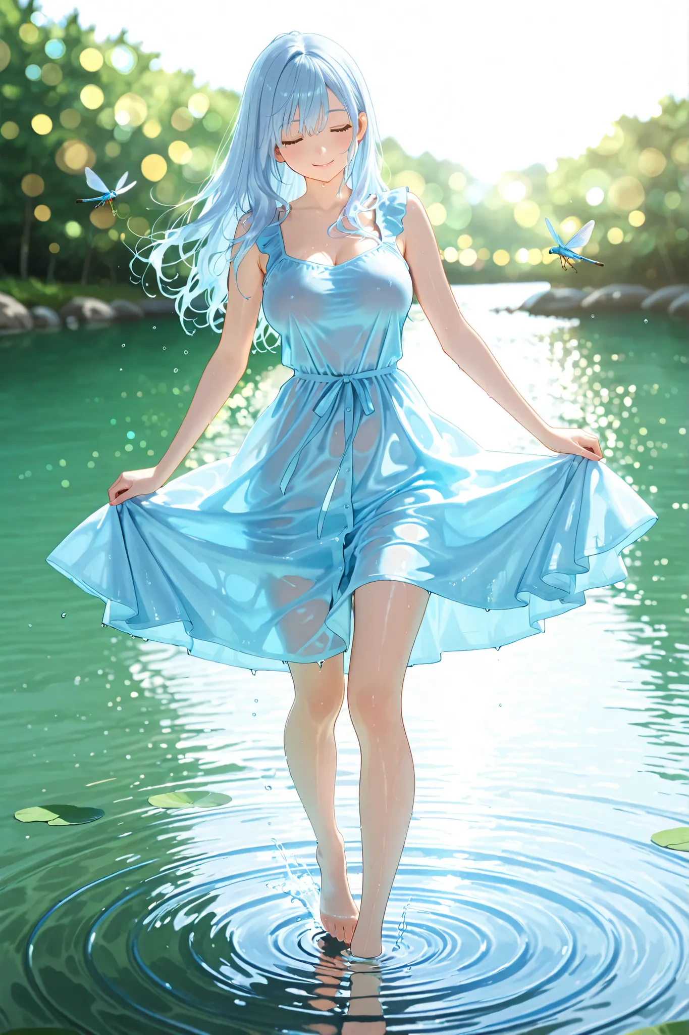 A happy anime girl in a light blue dress is playing in a shallow stream,  Kick Barefoot , Long wet hair, smiles happily, Backlit sunlight reflects on water and skin, Shiny wet skin, Detailed water ripples, Soft, moist hair on cheeks, semi-realistic anime s...