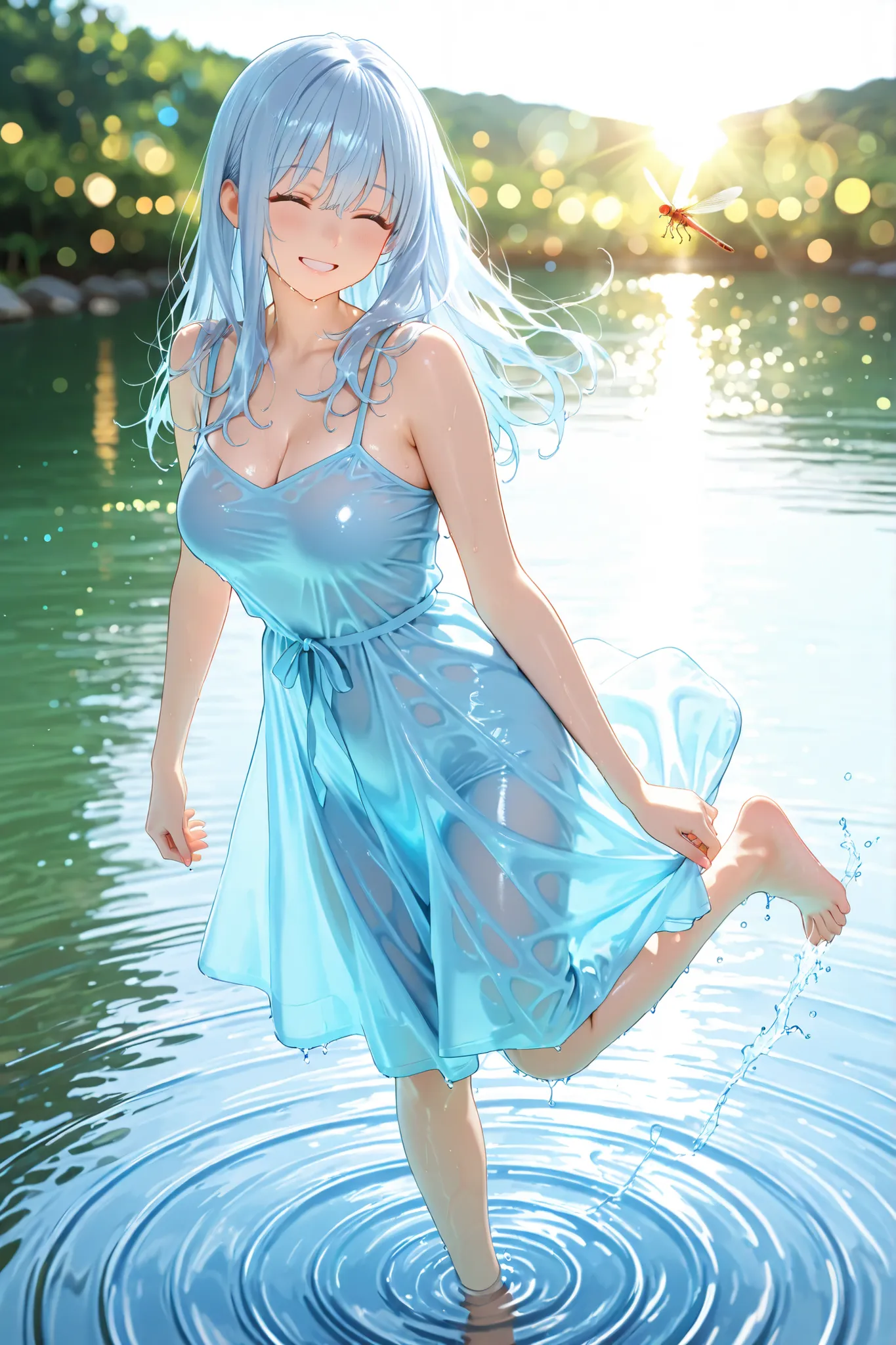 A happy anime girl in a light blue dress is playing in a shallow stream,  Kick Barefoot , Long wet hair, smiles happily, Backlit sunlight reflects on water and skin, Shiny wet skin, Detailed water ripples, Soft, moist hair on cheeks, semi-realistic anime s...