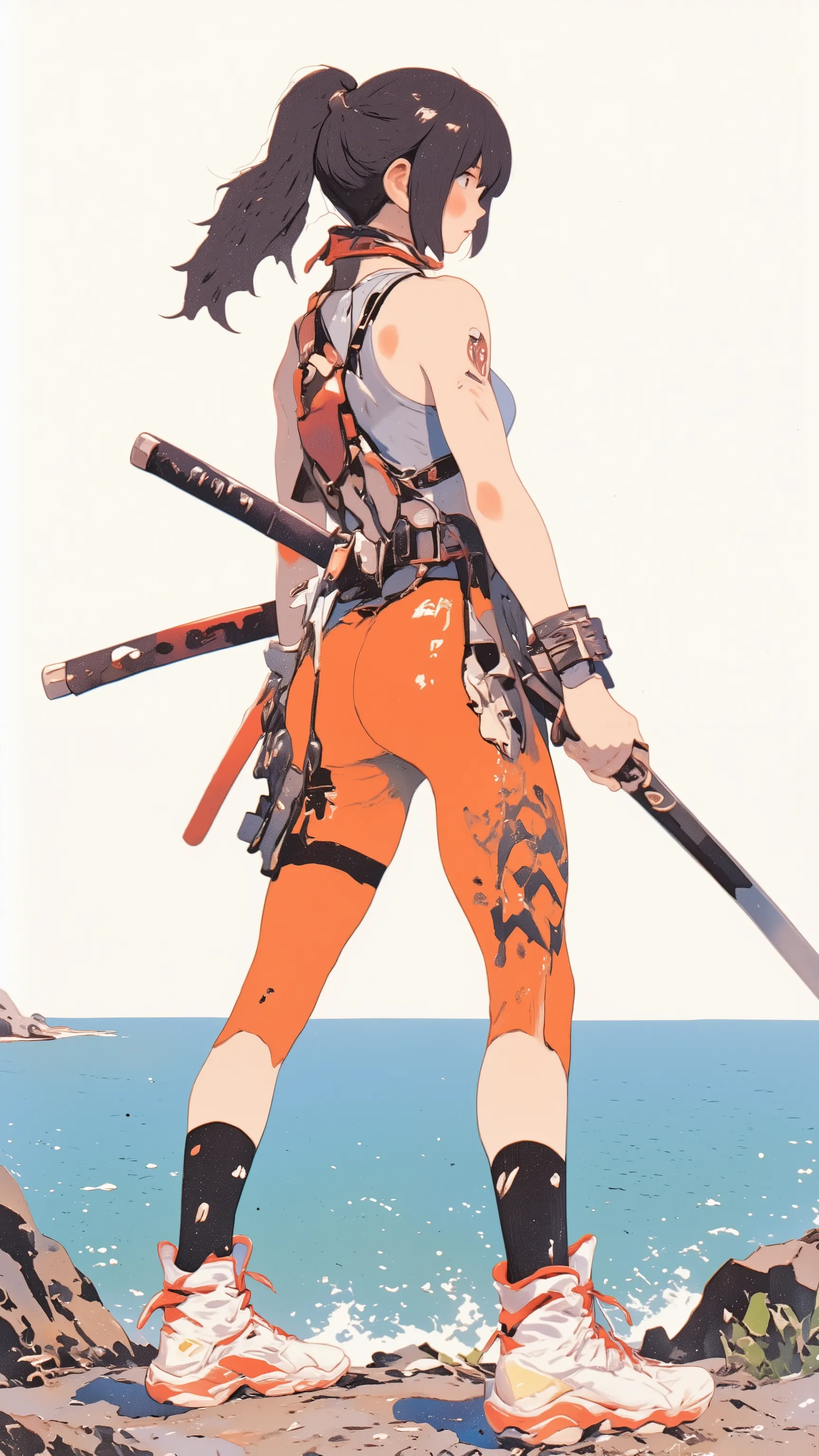  live-action 、Genuine、 Japanese woman with dark hair ponytail 、pale pink lips standing facing the ocean、thick lower lip、 Orange sports bra、 medium bust、 DELICATE ENEMIES FIGHT  、 Futuristic white and red high-top sneakers with a Japanese sword hanging from...