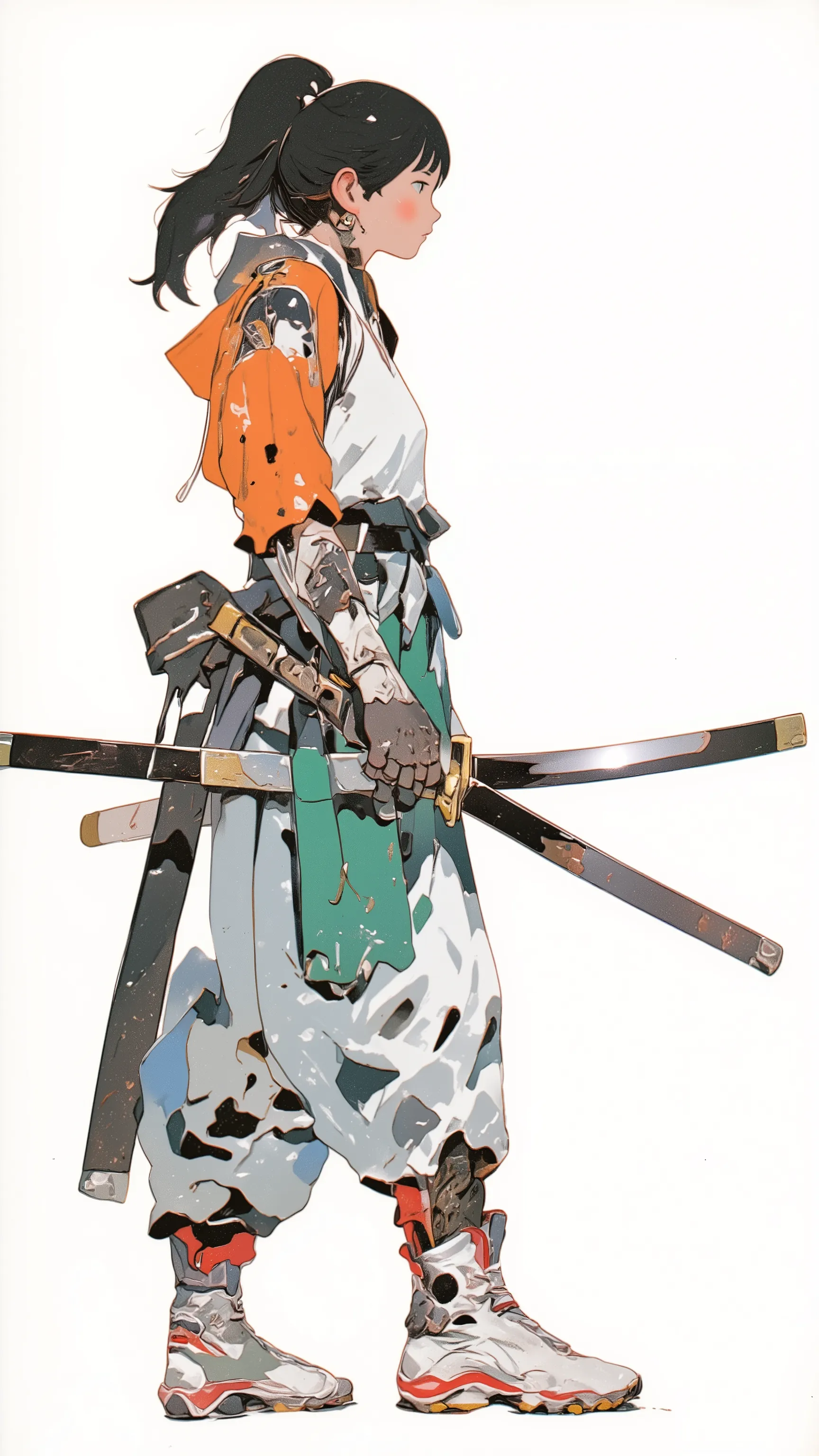  live-action 、Genuine、 Japanese woman with dark hair ponytail 、pale pink lips standing facing the ocean、thick lower lip、 Orange sports bra、 medium bust、 DELICATE ENEMIES FIGHT  、 Futuristic white and red high-top sneakers with a Japanese sword hanging from...