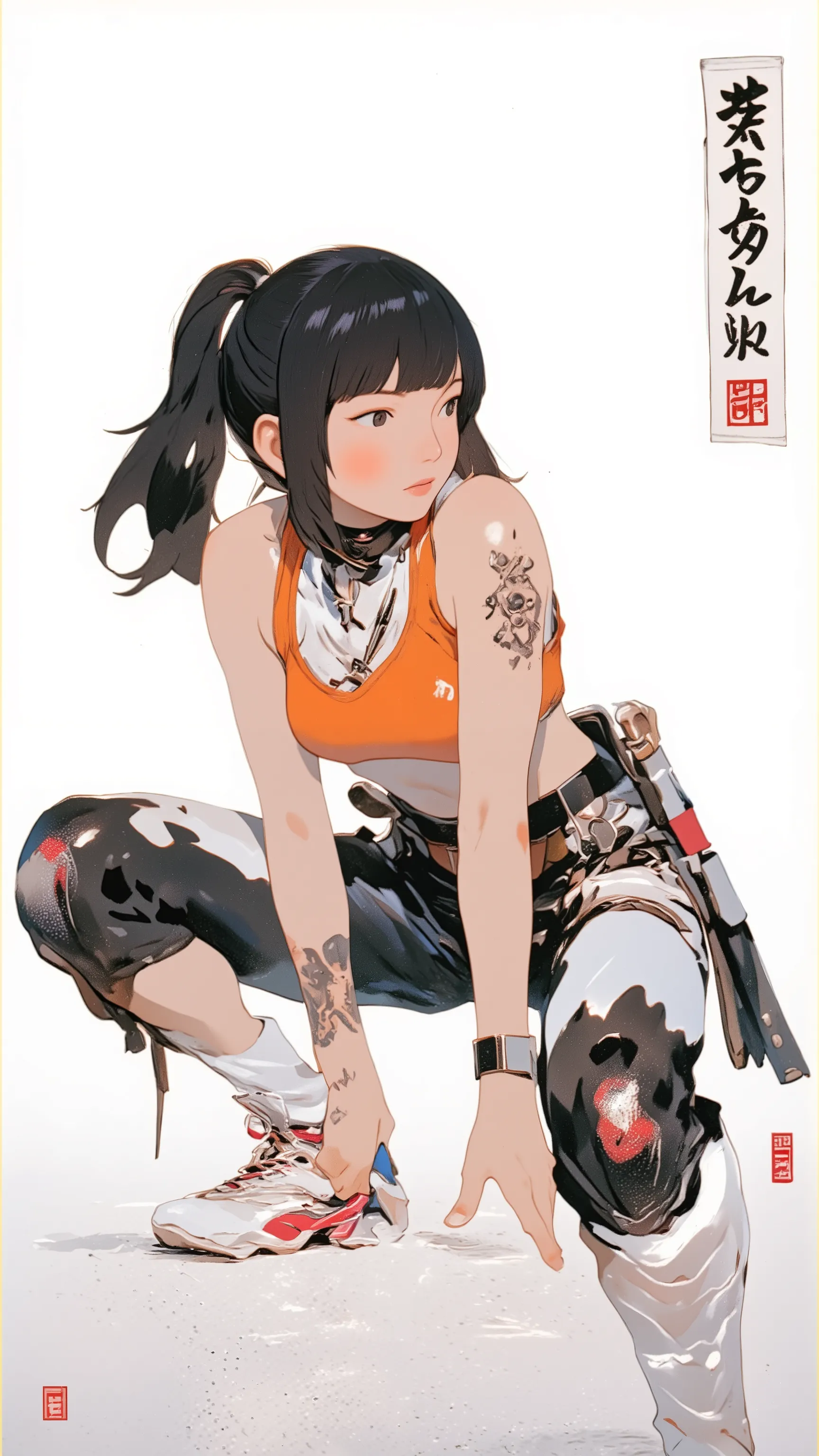  live-action 、Genuine、 Japanese woman with dark hair ponytail 、pale pink lips standing facing the ocean、thick lower lip、 Orange sports bra、 medium bust、 DELICATE ENEMIES FIGHT  、 Futuristic white and red high-top sneakers with a Japanese sword hanging from...
