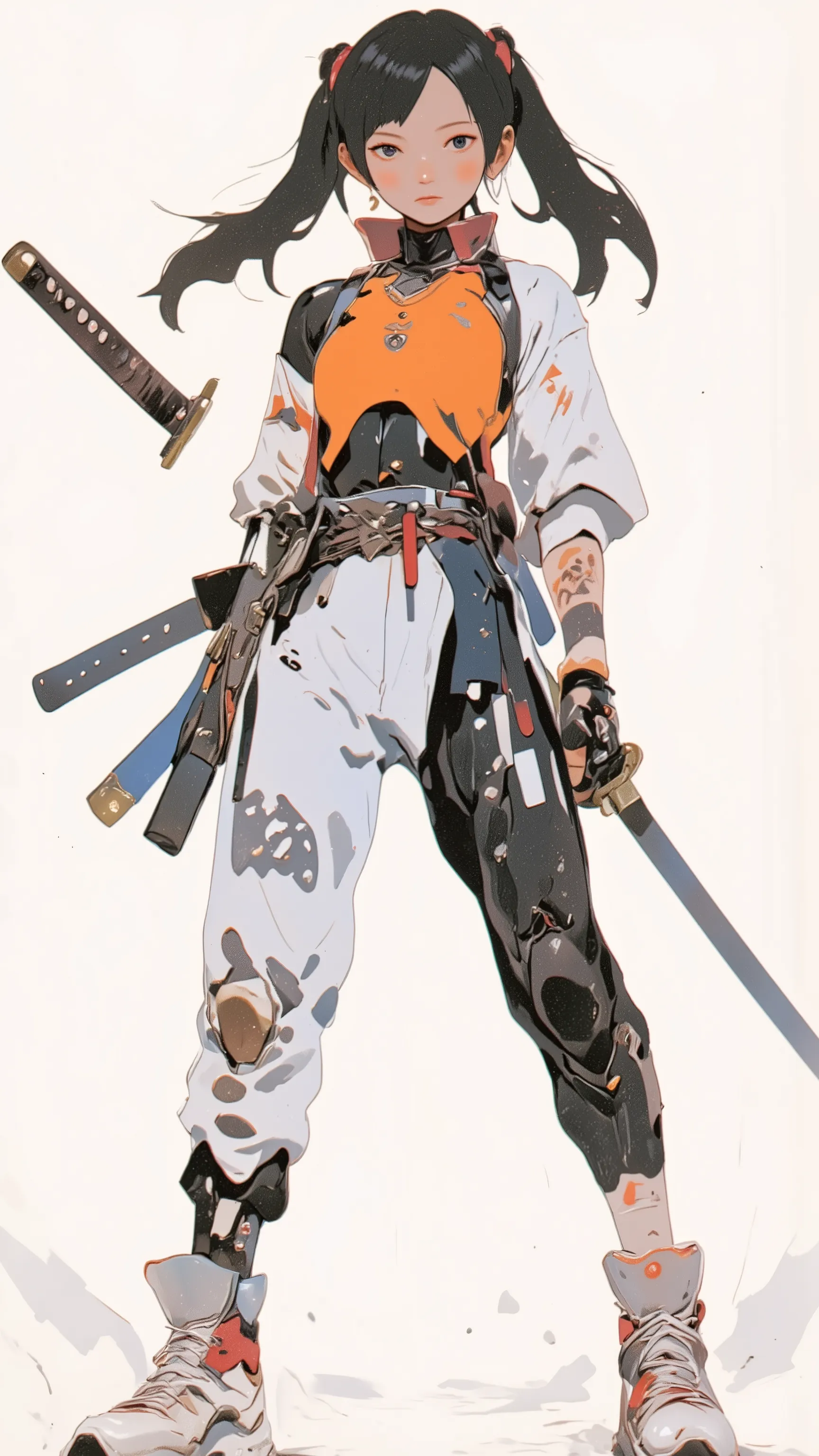  live-action 、Genuine、 Japanese woman with black hair and twin tails 、pale pink lips standing facing the ocean、thick lower lip、 Orange sports bra、 Big Bust、 DELICATE ENEMIES FIGHT  、 Futuristic white and red high-top sneakers with a Japanese sword hanging ...