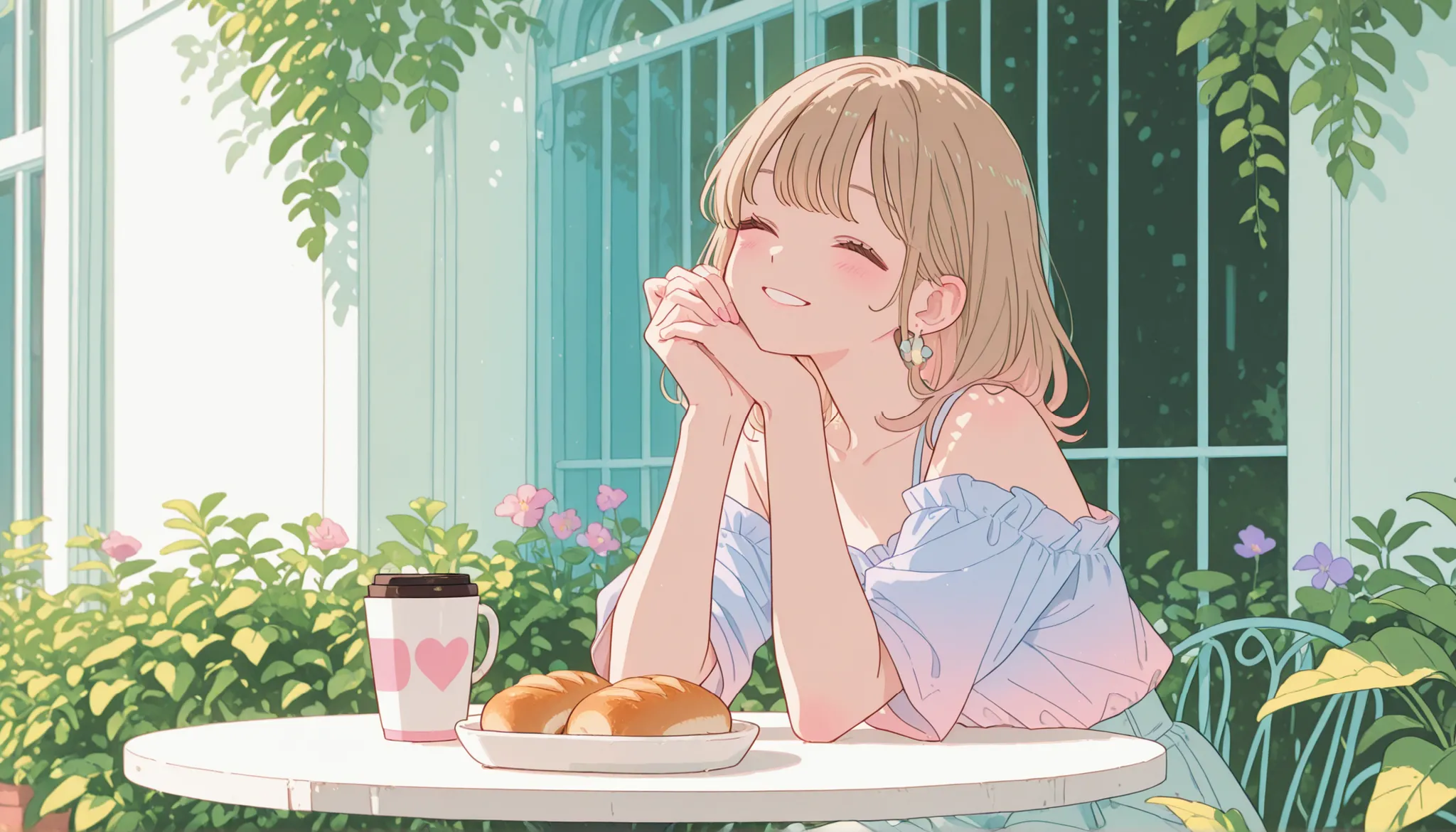 １women、Light Brown Hair、Semi-long、Smile Yan、facing diagonally、From the waist up、holding my hands up and stretching、Morning Light、A pleasant morning、terrace、outside garden、Outdoors、plant、table、Bread、１Coffee in two cups、pastel color、Fashionable color、dull co...
