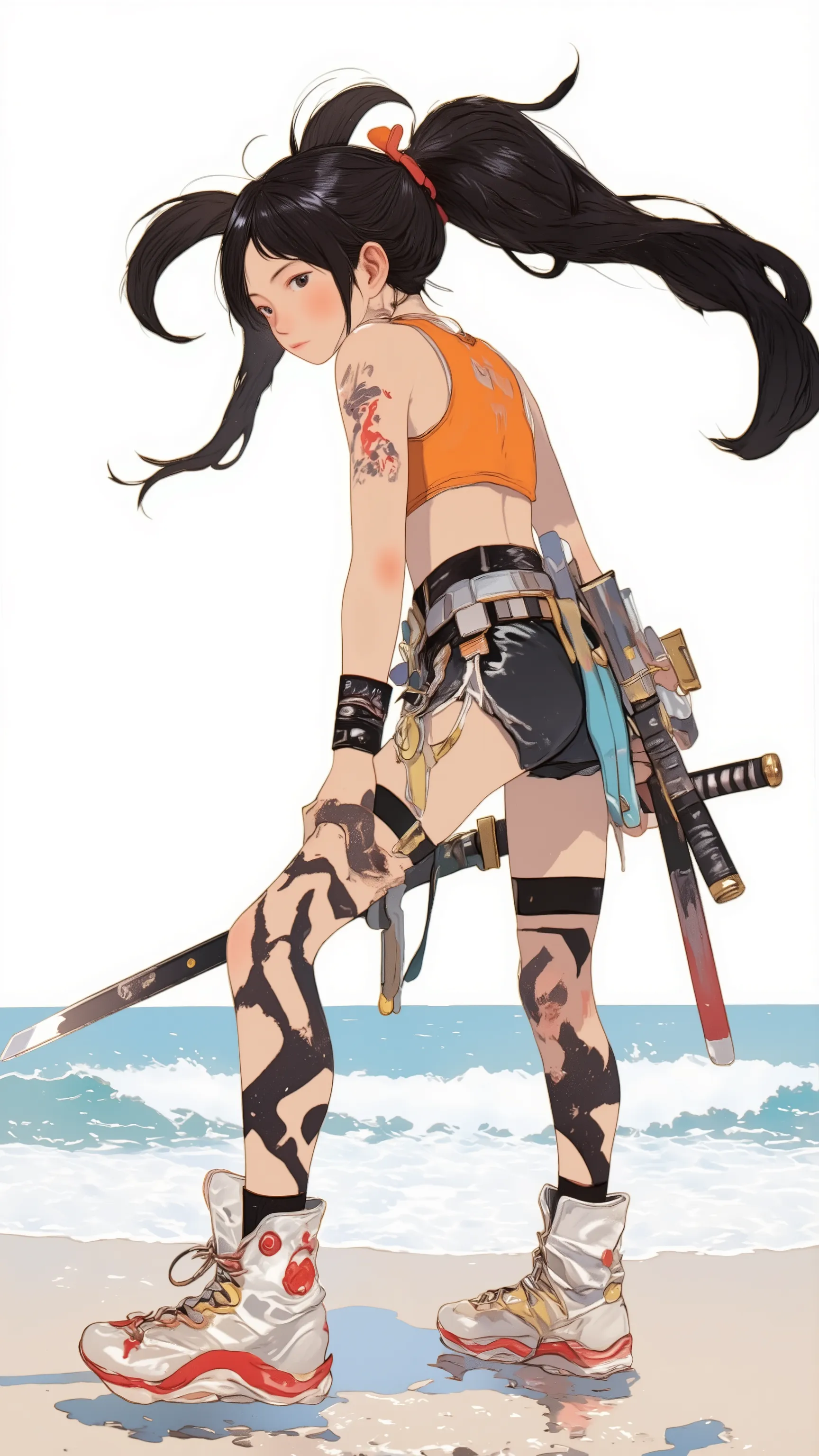  live-action 、Genuine、 Japanese woman with black hair and twin tails 、pale pink lips standing facing the ocean、thick lower lip、 Orange sports bra、 Big Bust、 DELICATE ENEMIES FIGHT  、 Futuristic white and red high-top sneakers with a Japanese sword hanging ...