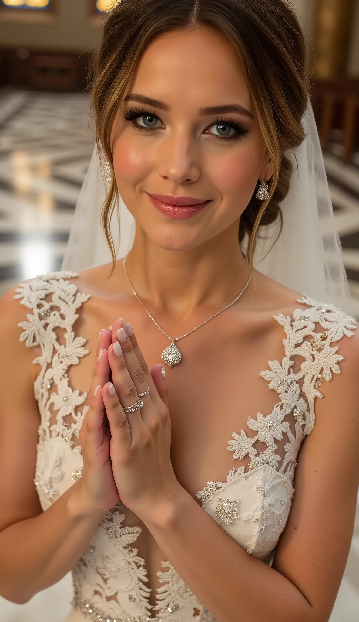 High-angle close-up shot (85mm lens, f/1.8) of a stunning bride  (voluptuous hourglass figure) in a deeply plunging lace wedding gown, her hands clasped together in prayer, fingers perfectly manicured with a luxurious 19-karat gold wedding ring prominently...