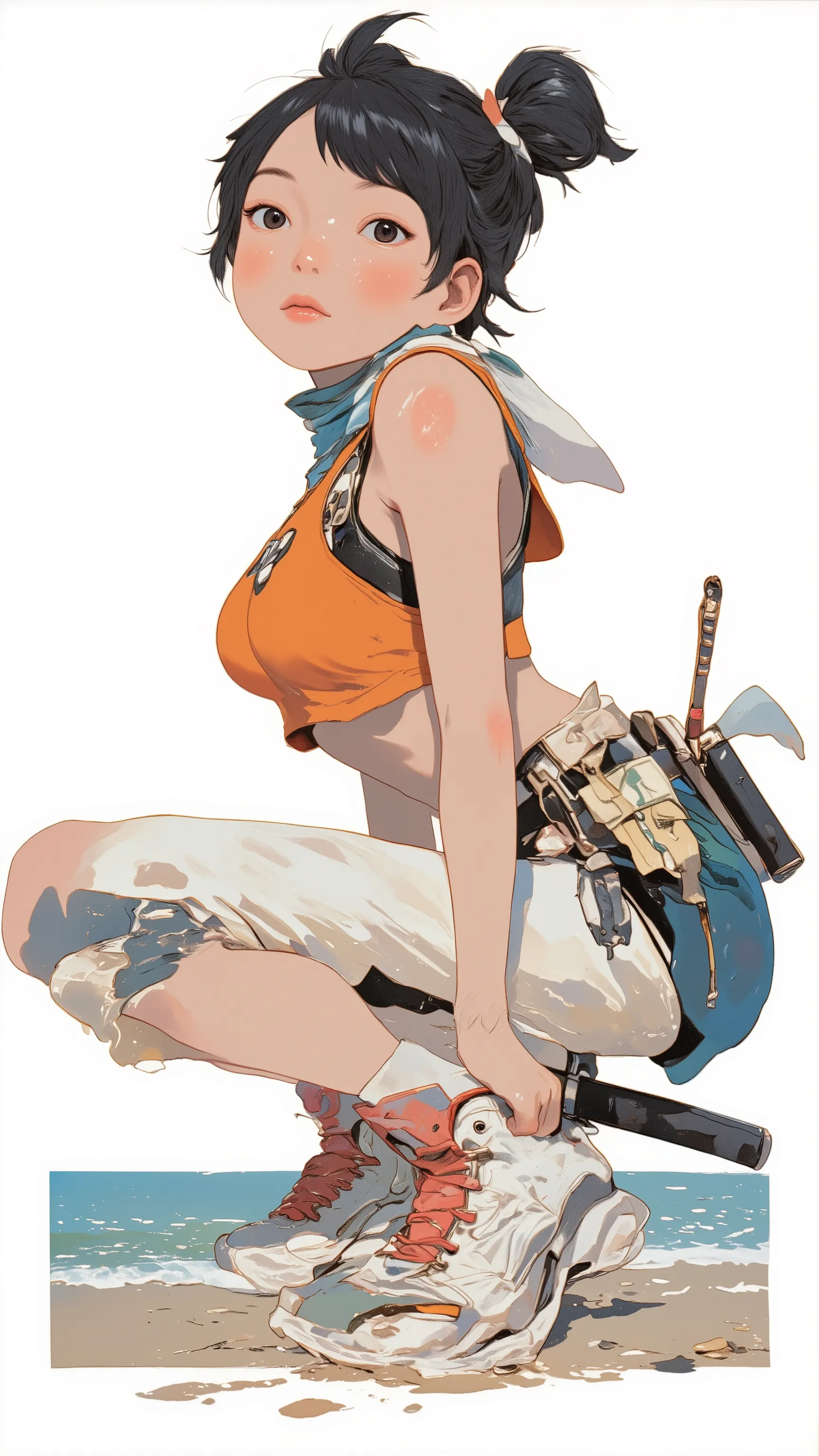  live-action 、Genuine、 Japanese woman with black hair and twin tails 、pale pink lips standing facing the ocean、thick lower lip、 Orange sports bra、 Big Bust、 DELICATE ENEMIES FIGHT  、 Futuristic white and red high-top sneakers with a Japanese sword hanging ...